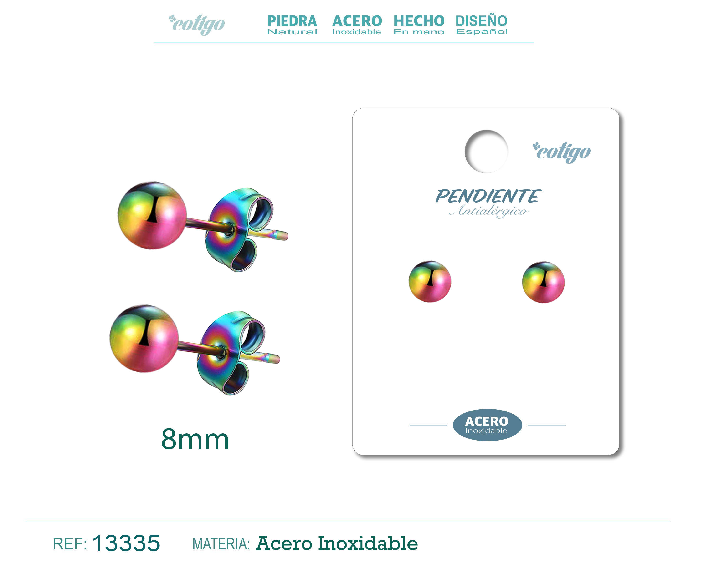 PENDIENTE BOLA 8MM ACERO MULTICOLOR