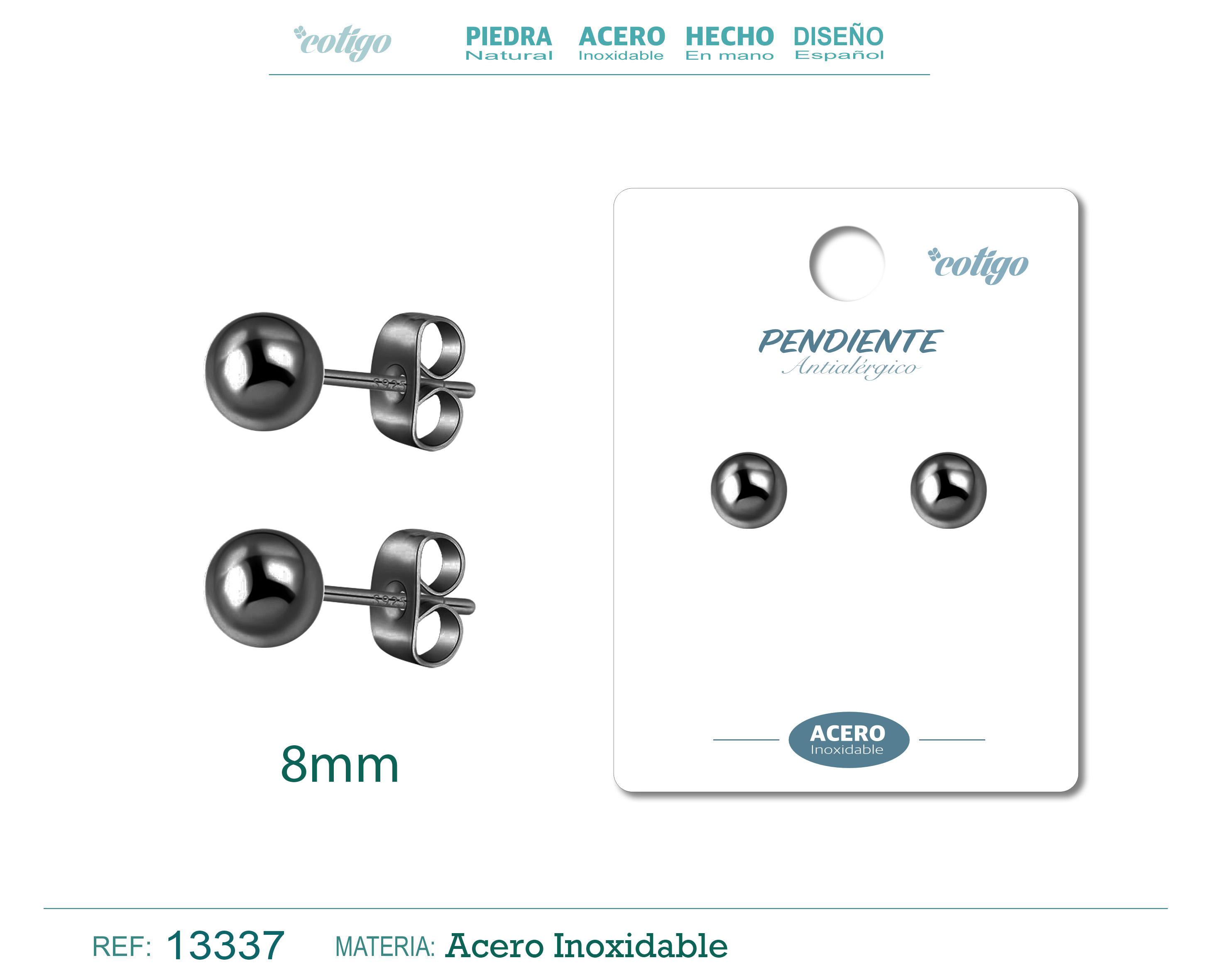 PENDIENTE BOLA 8MM ACERO NEGRO