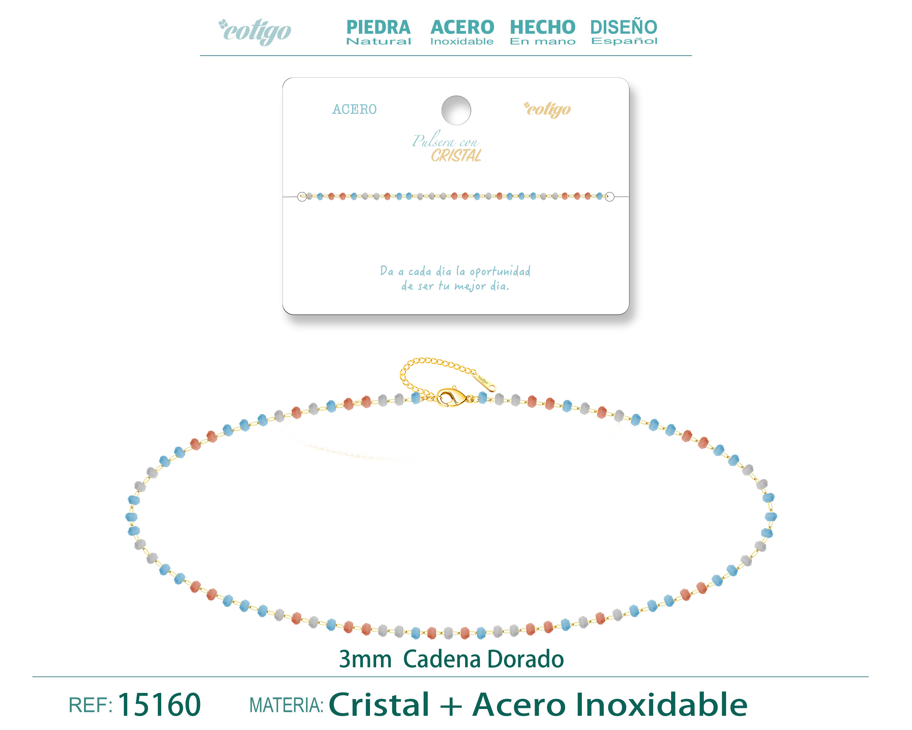 PULSERA ACERO COLOR DORADO CON BOLA CRISTA