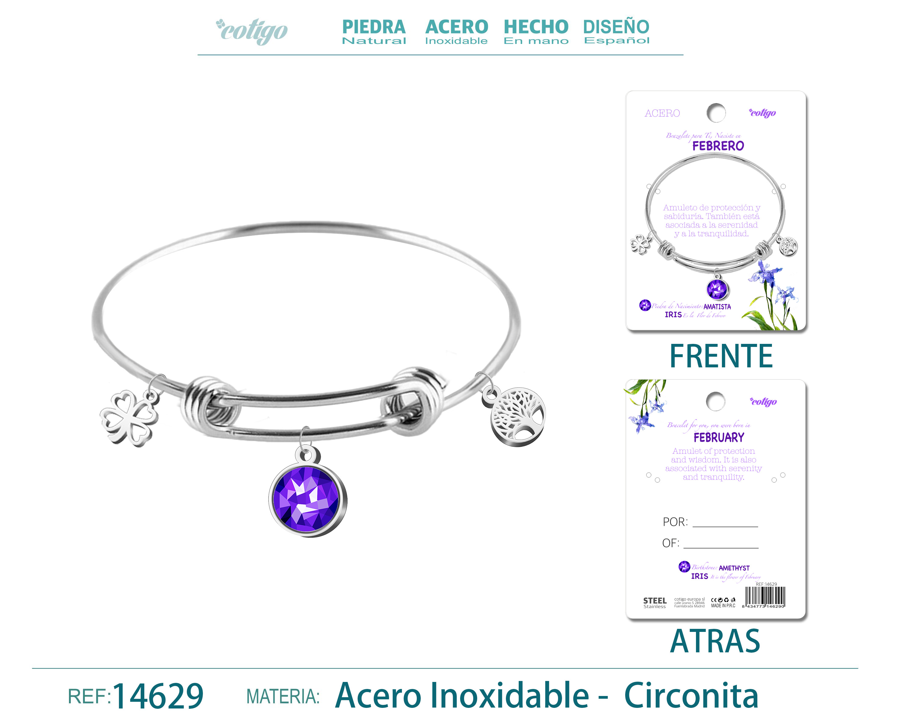 BRAZALETE ACERO PARA NACIMIENTO DE MES FEBRERO