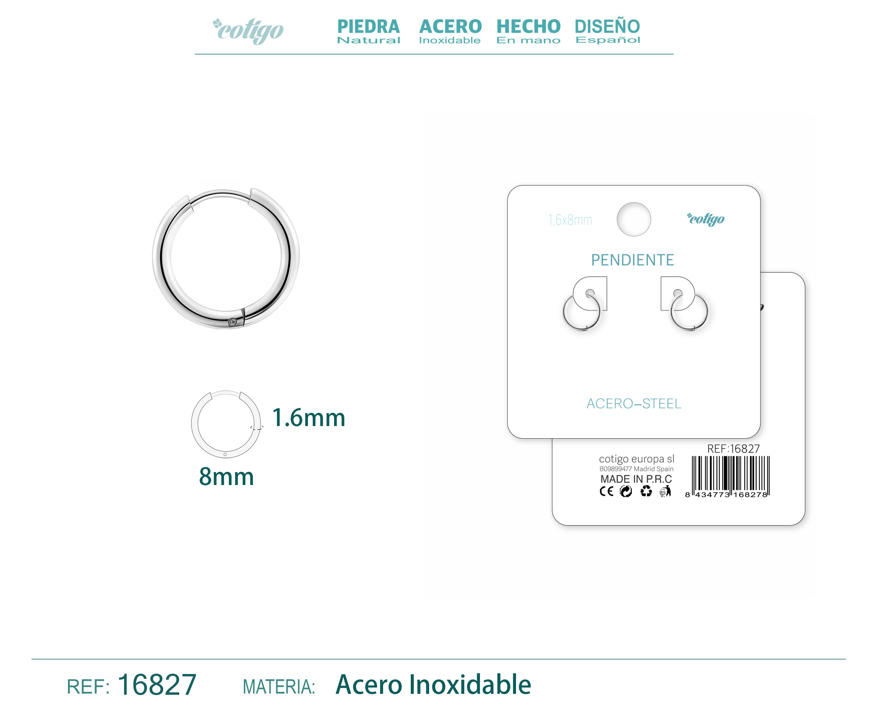 PENDIENTE ARO ACERO 1.6X8 MM PLATEADO