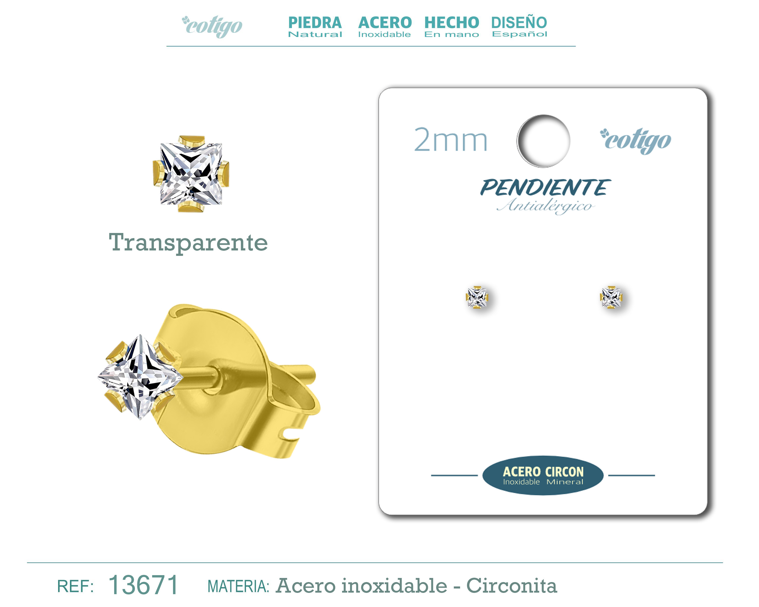 PENDIENTE CIRCONITA CUADRADO-TRANSPARENTE-2MM-BASE ACERO DORADO