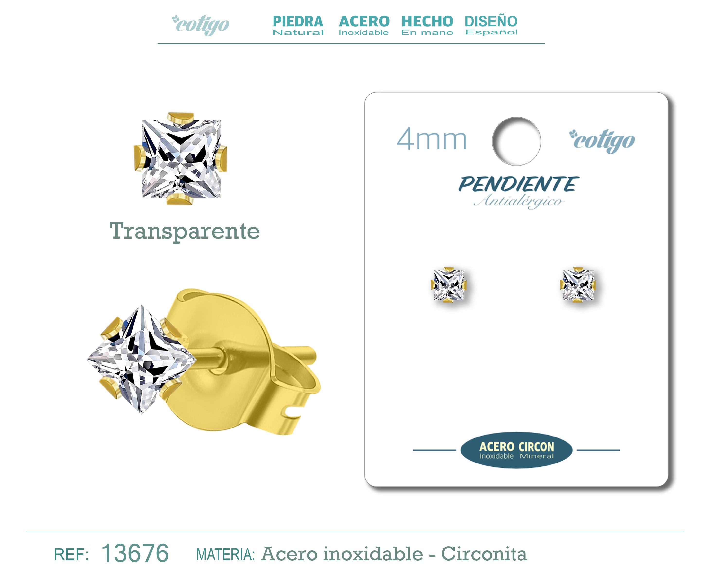 PENDIENTE CIRCONITA CUADRADO-TRANSPARENTE-4MM-BASE ACERO DORADO
