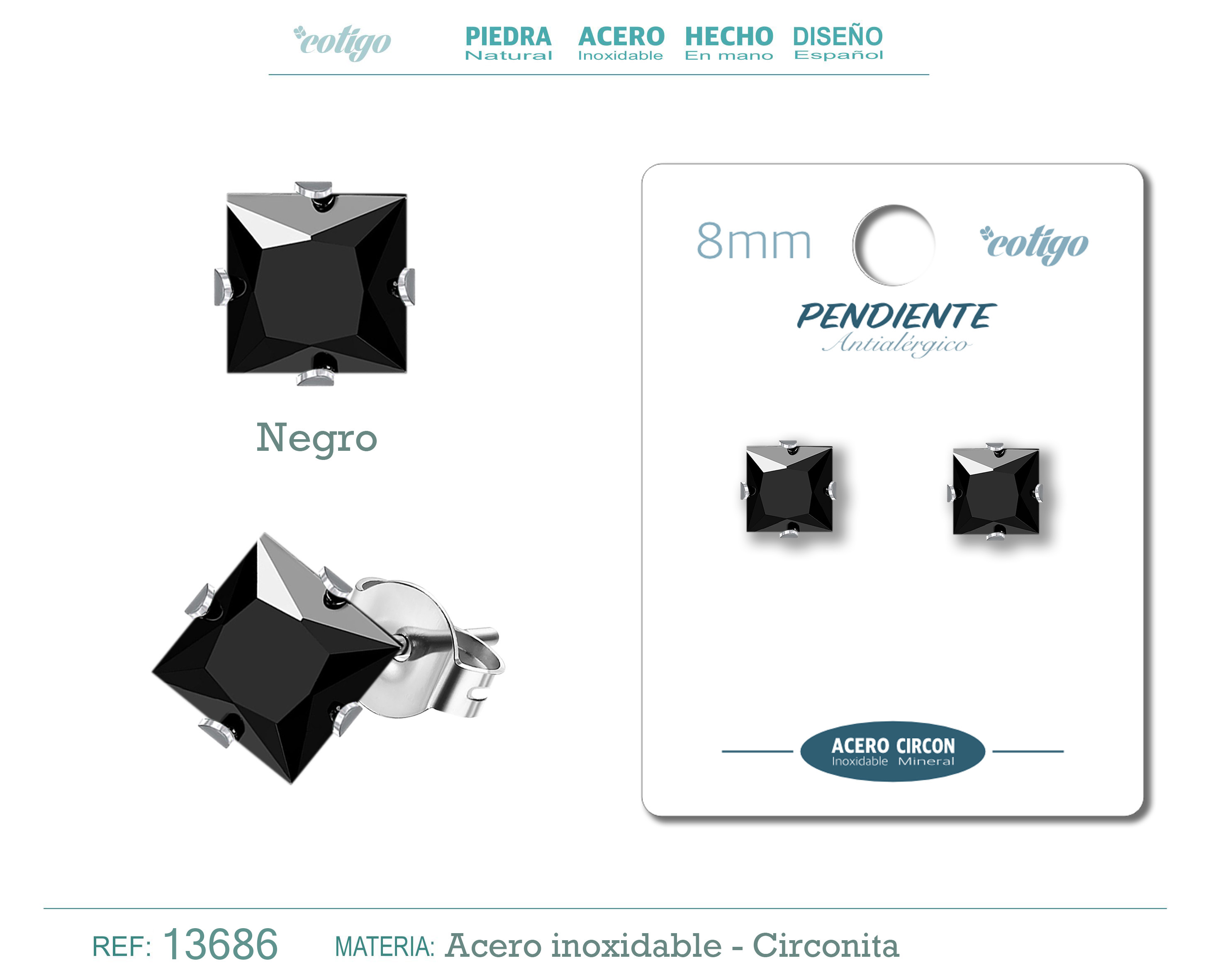 PENDIENTE CIRCONITA CUADRADO-NEGRO-8MM-BASE ACERO PLATEADO