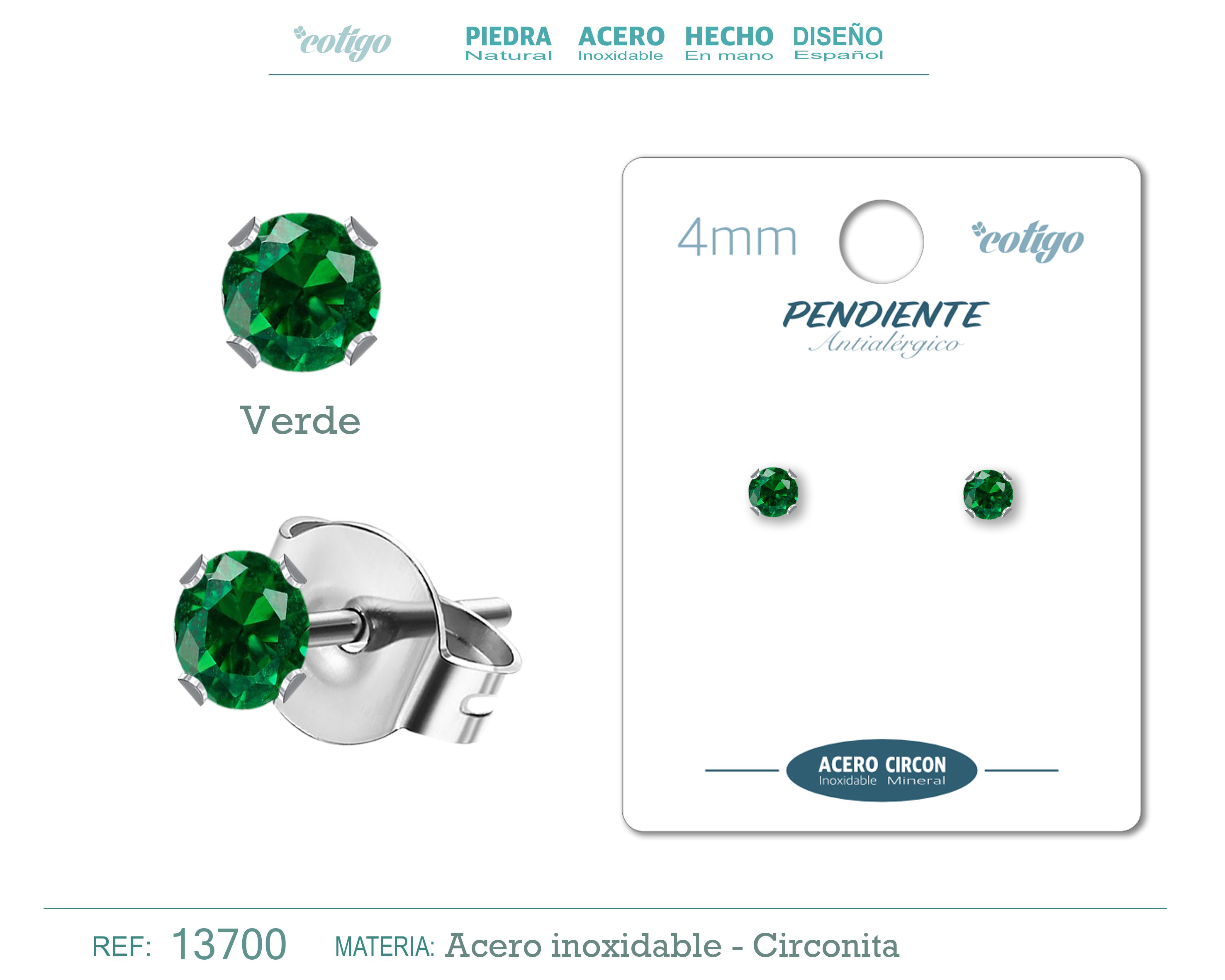PENDIENTE CIRCONITA REDONDO-VERDE-4MM-BASE ACERO PLATEADO