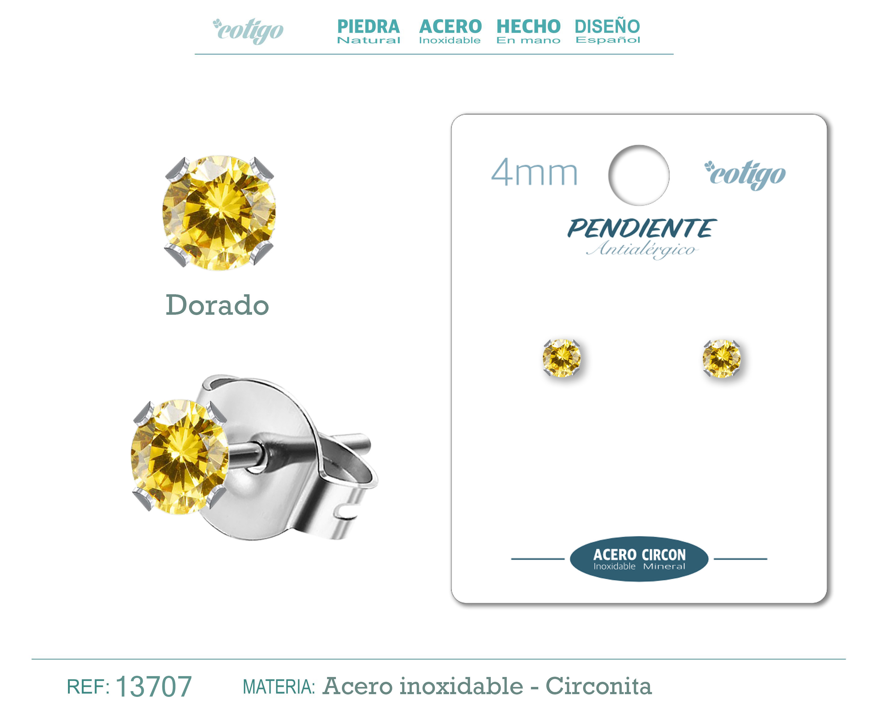 PENDIENTE CIRCONITA REDONDO-DORADO-4MM-BASE ACERO PLATEADO