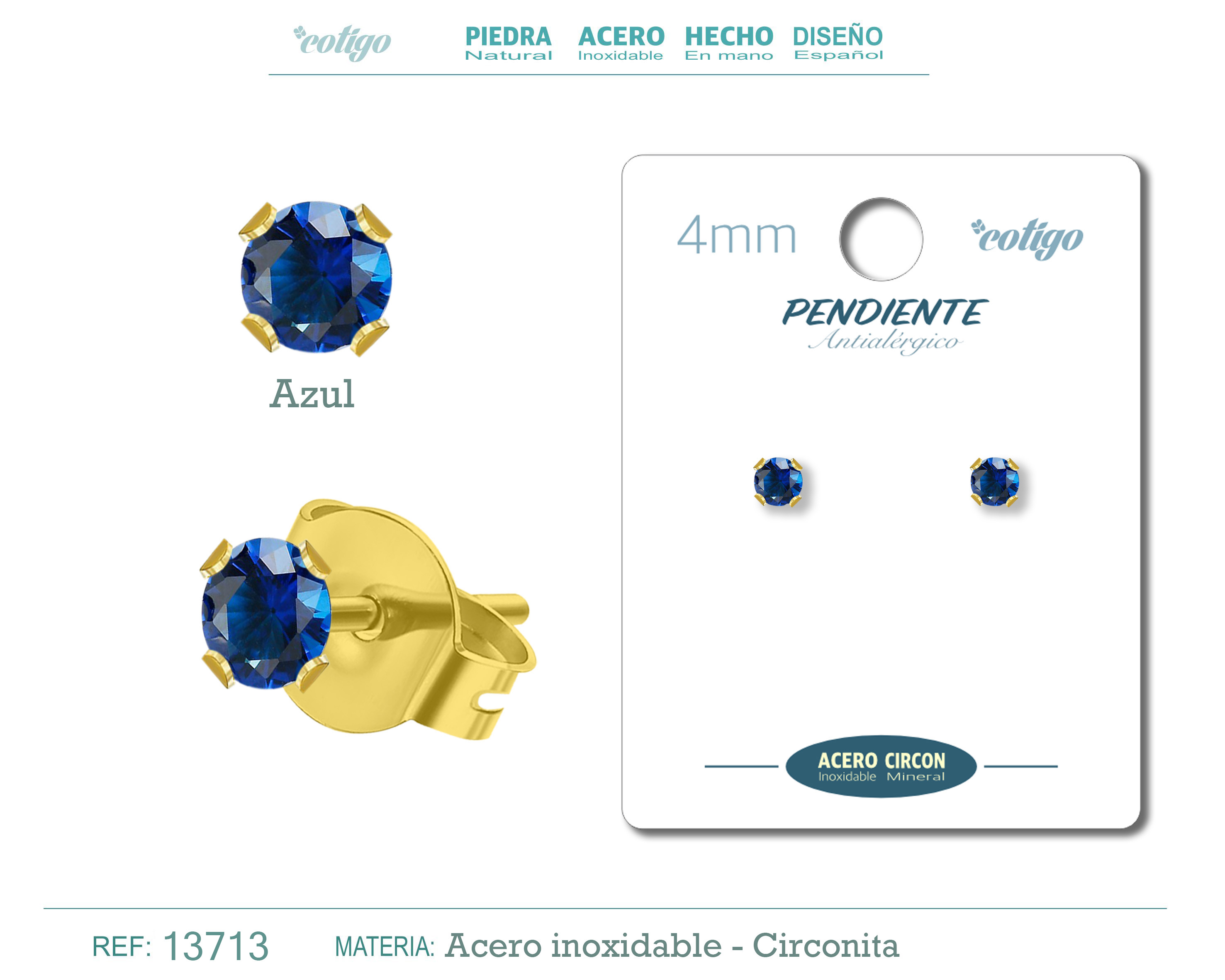 PENDIENTE CIRCONITA REDONDO-AZUL-4MM-BASE ACERO DORADO