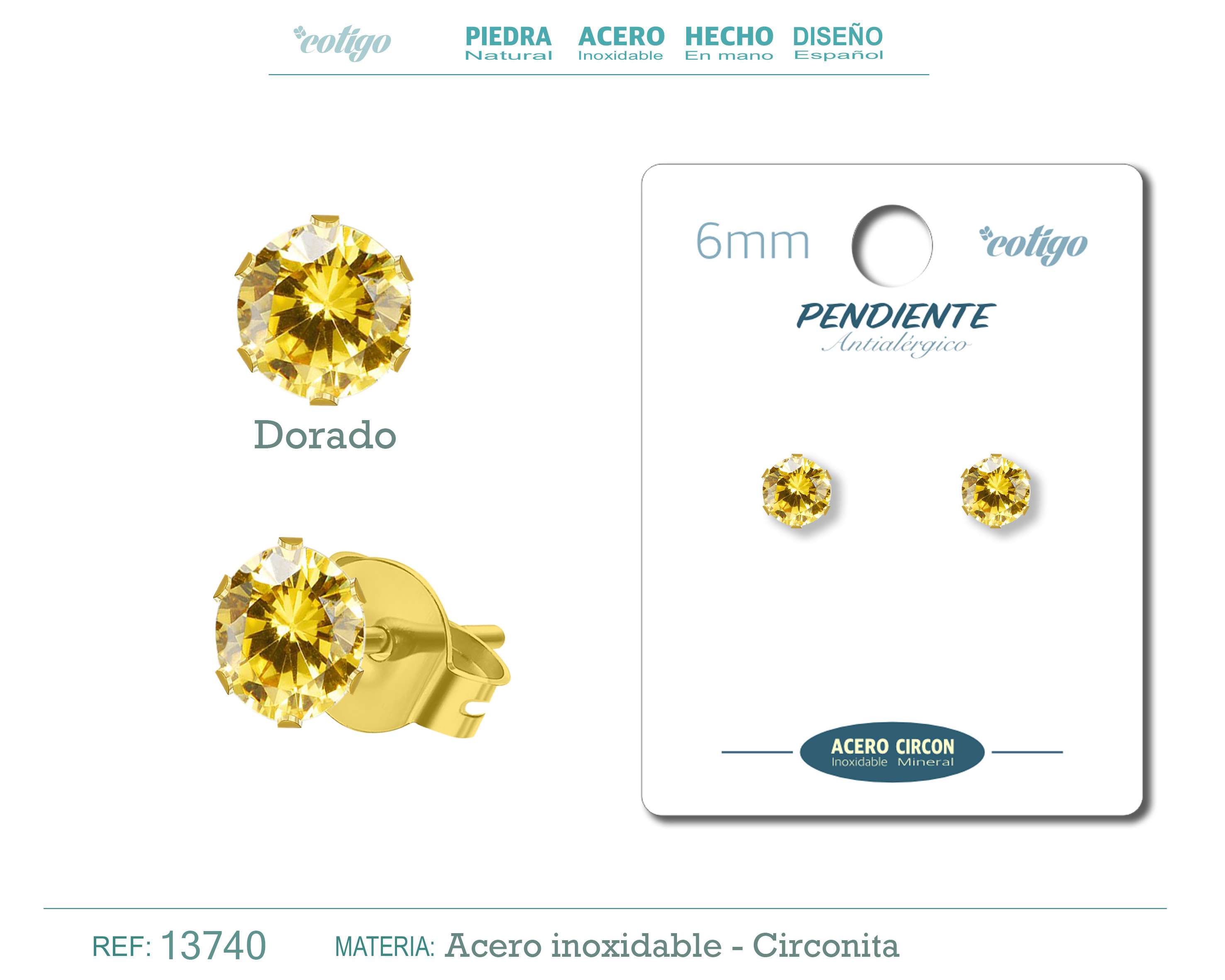 PENDIENTE CIRCONITA REDONDO-DORADO-6MM-BASE ACERO DORADO