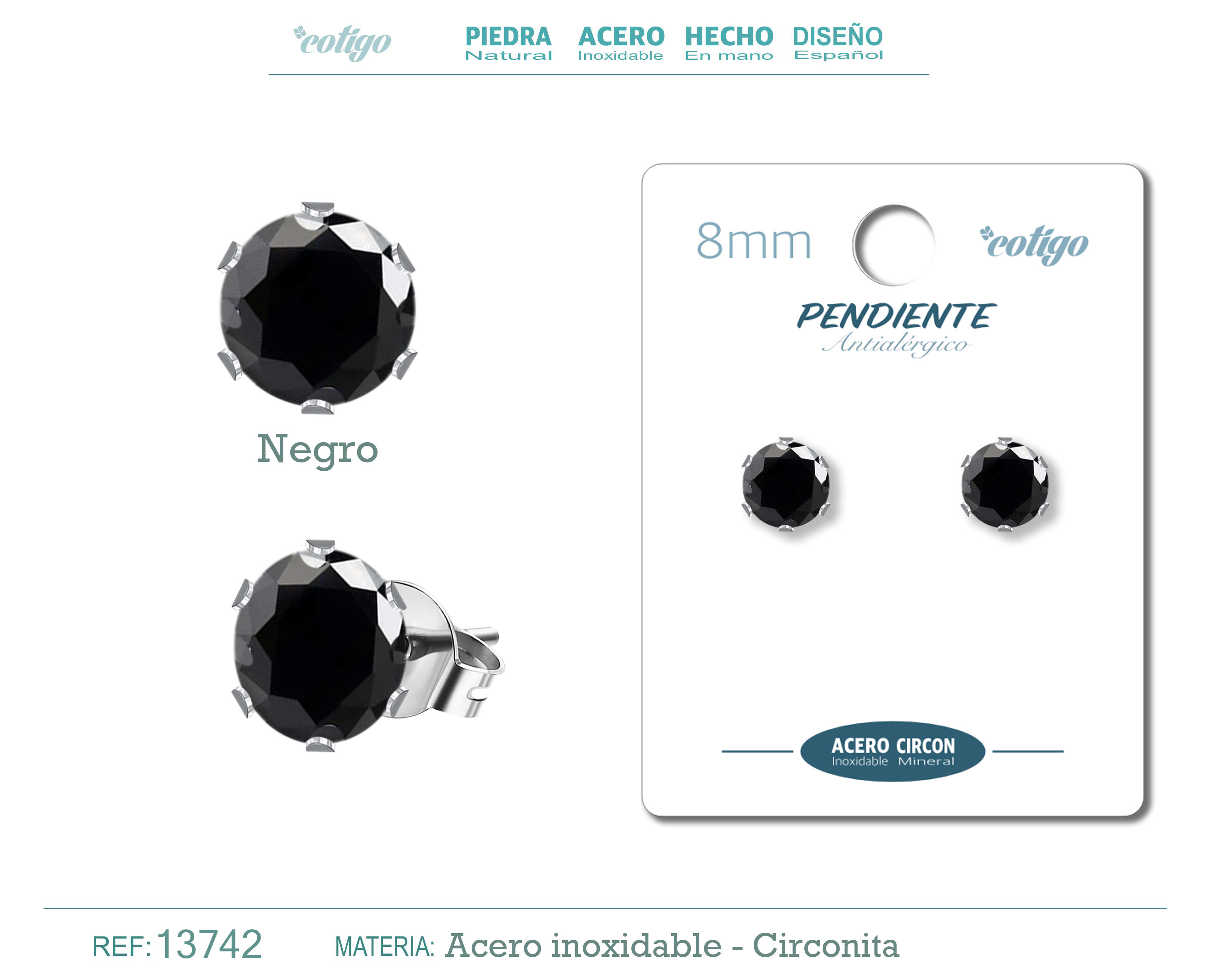 PENDIENTE CIRCONITA REDONDO-NEGRO-8MM-BASE ACERO PLATEADO