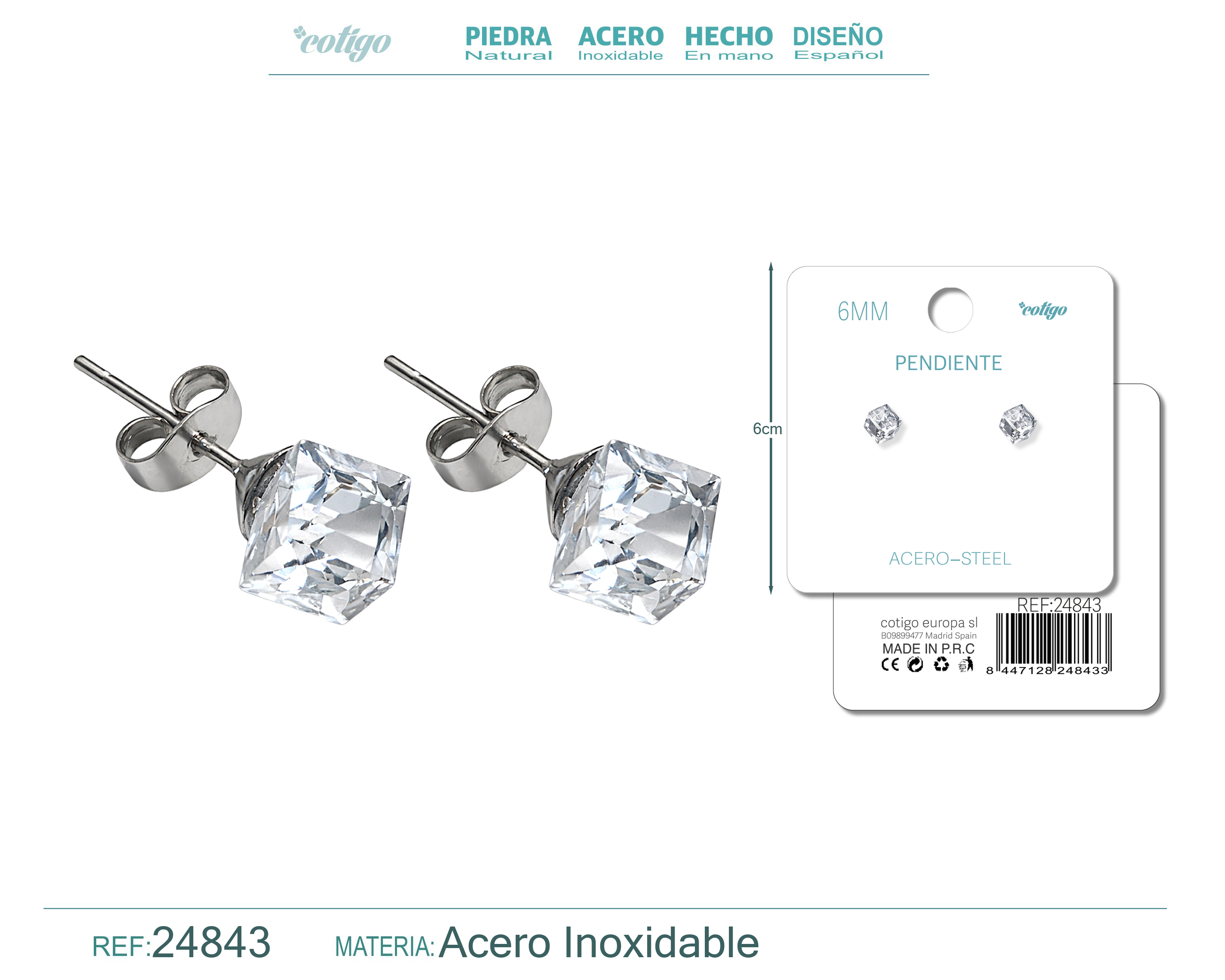 PENDIENTE DE CRISTAL CUADRADO 6MM CON ACCESORIO ACERO