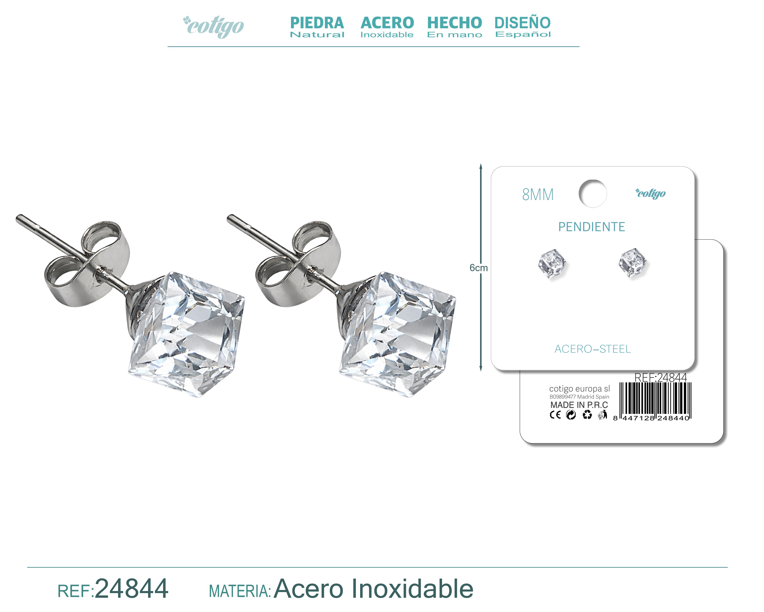 PENDIENTE DE CRISTAL CUADRADO 8MM CON ACCESORIO ACERO