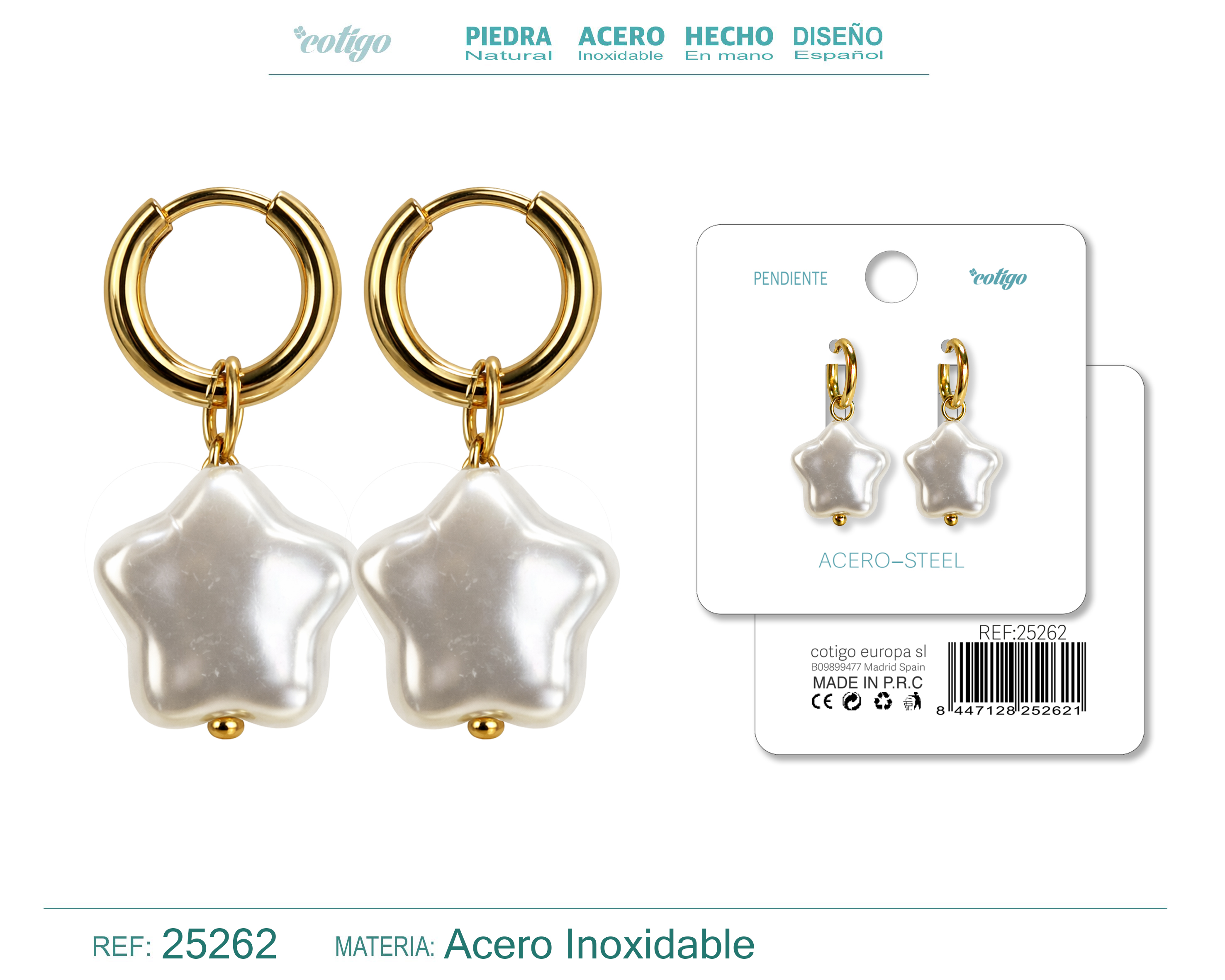 PENDIENTES DE PERLAS BALOTELLI CON ARO ACERO COLOR DORADO