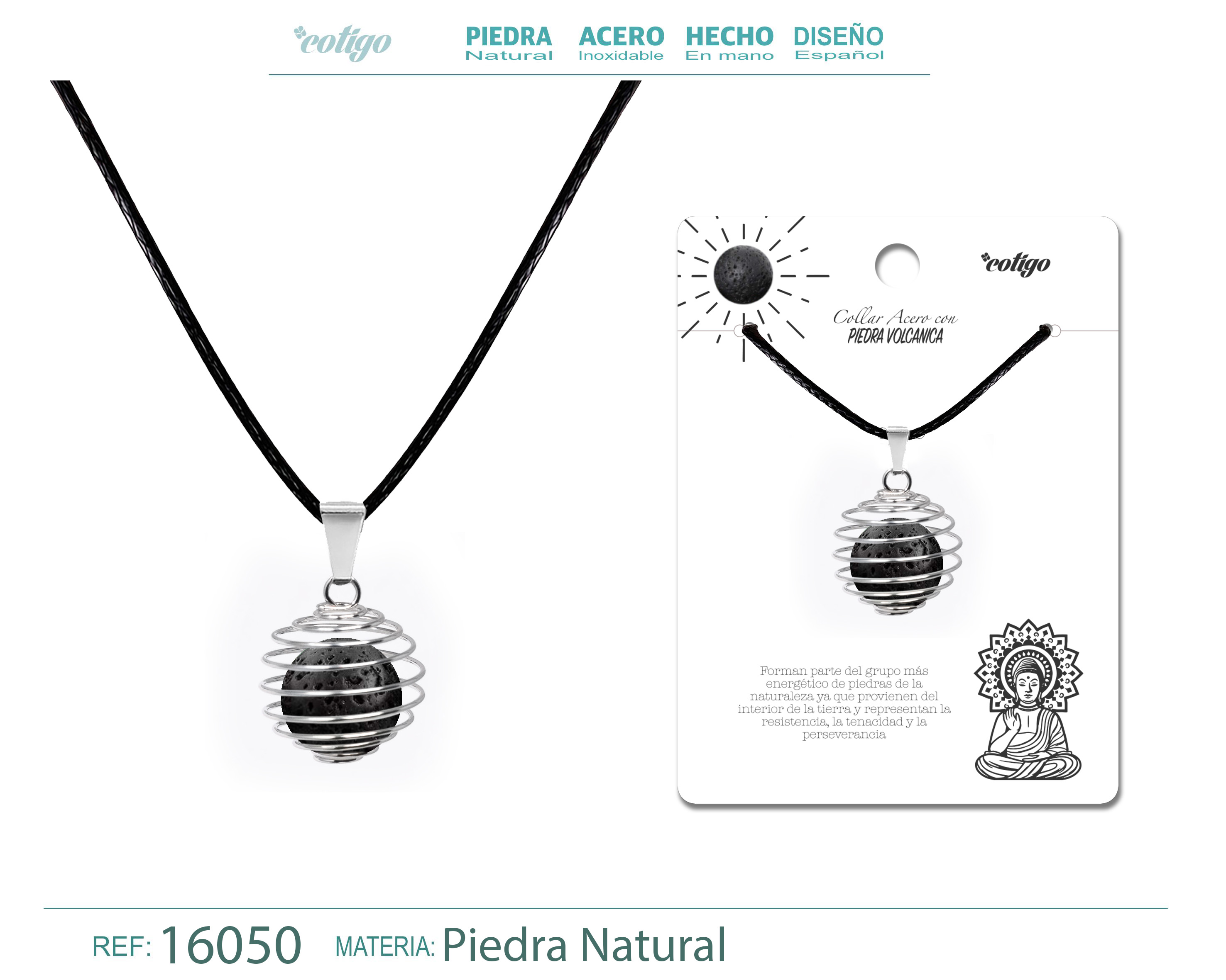 COLGANTE DE VOLCÁNICA 14MM CON ACESORIO DE ACERO