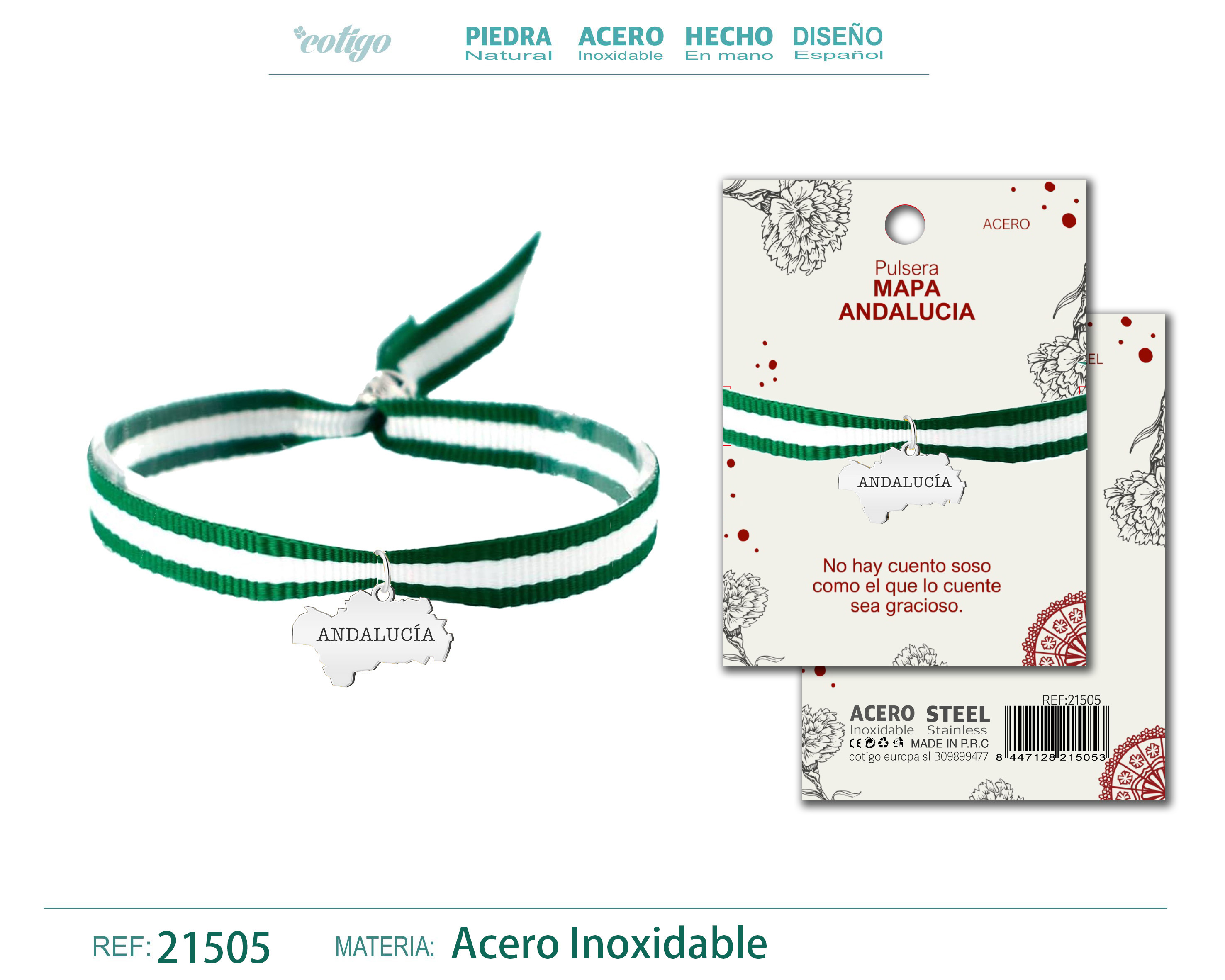 PULSERA BANDERA ANDALUCIA CON COLGANTE MAPA ANDALUCIA ACERO PLATEADO