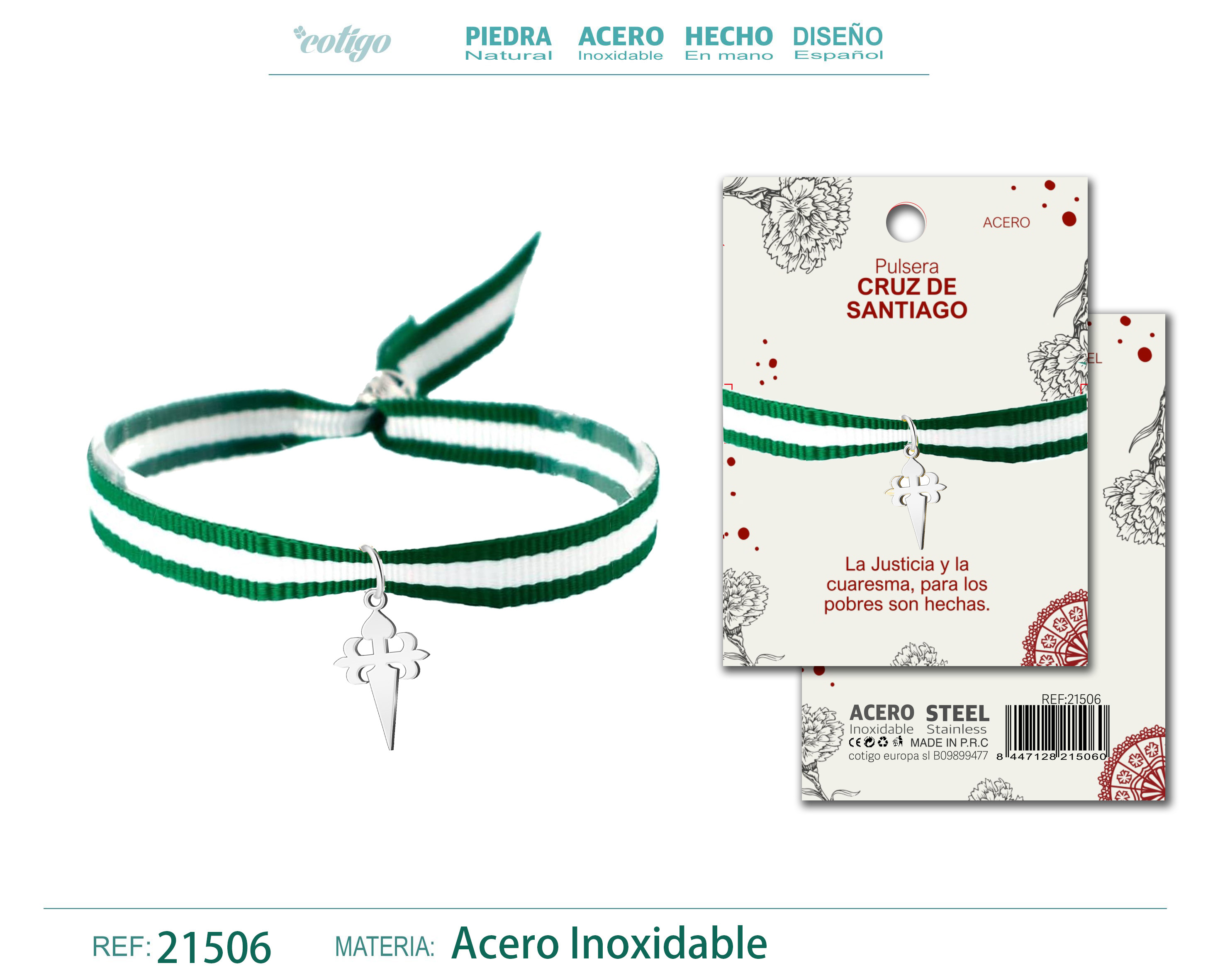 PULSERA BANDERA ANDALUCIA CON COLGANTE CRUZ SANTIAGO ACERO PLATEADO