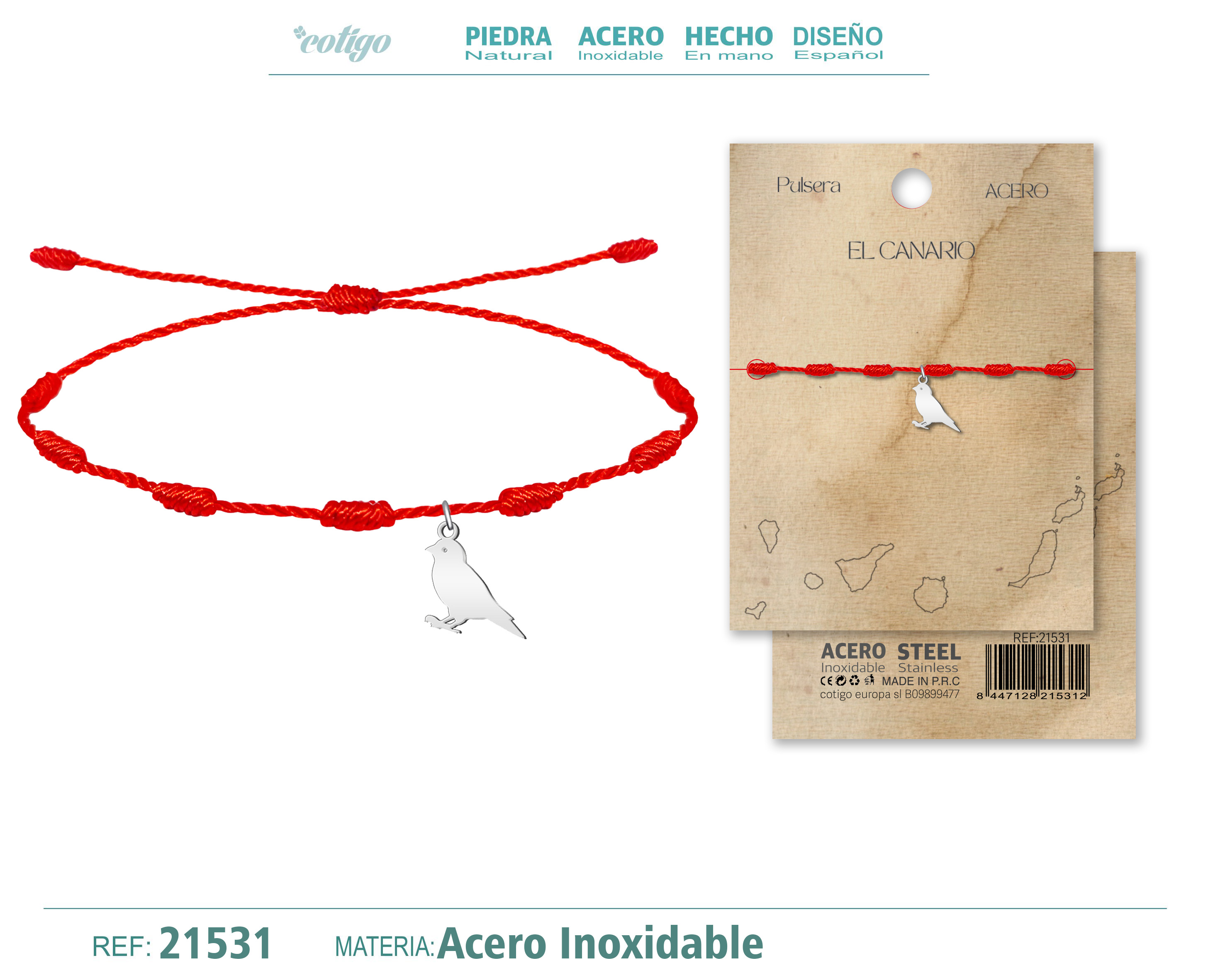 PULSERA 7 NUDOS CON EL CANARIO ACERO PLATEADO