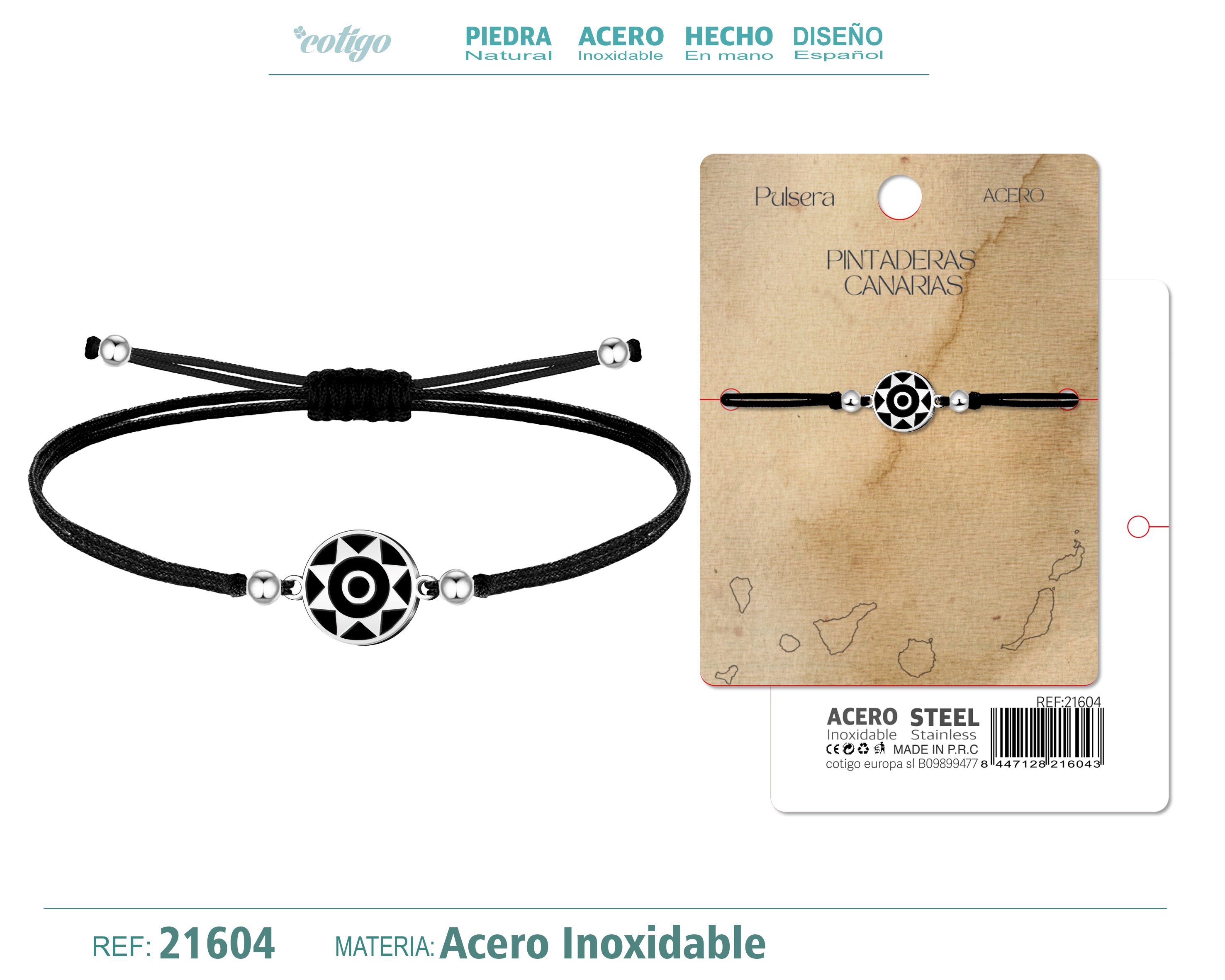 PULSERA HILO ENCERADO CON PINTADERA CANARIAS ACERO PLATEADO