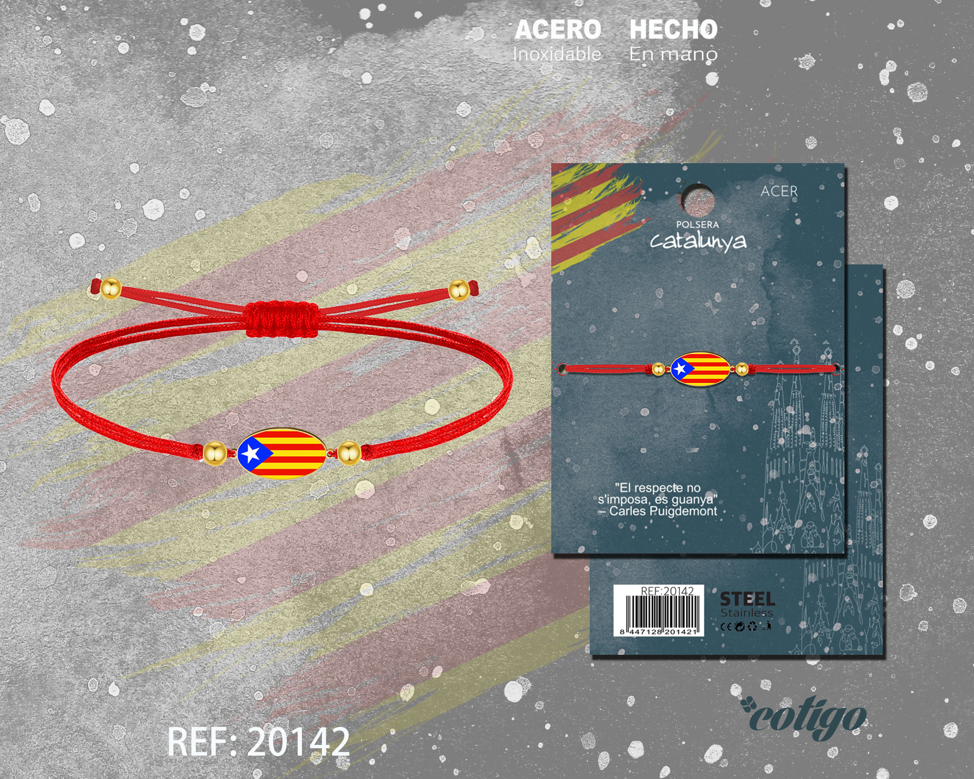 PULSERA HILO ENCERADO ROJO CON BANDERA CATALUÑA ACERO DORADO