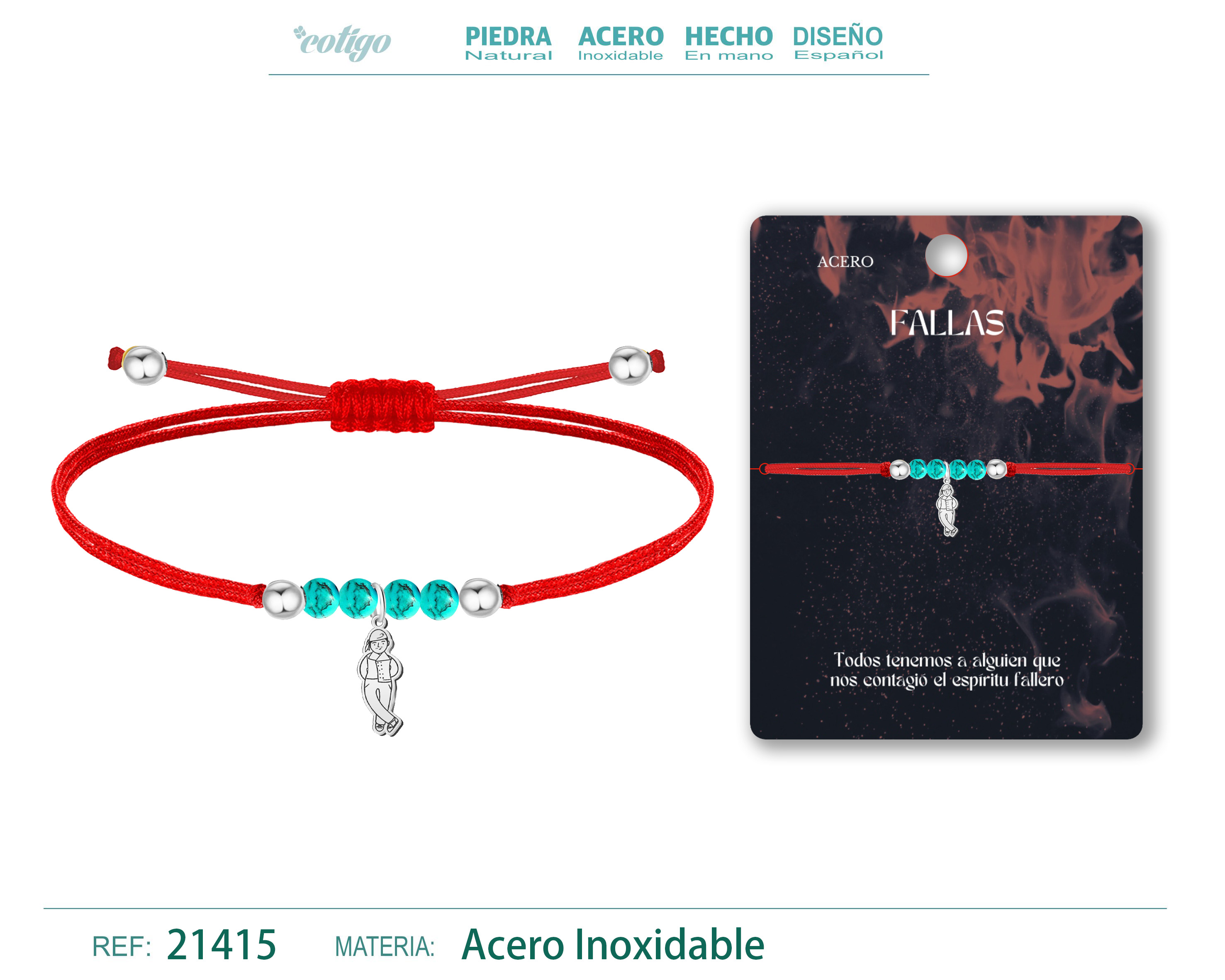 PULSERA HILO ENCERADO CON FALLERO ACERO PLATEADO