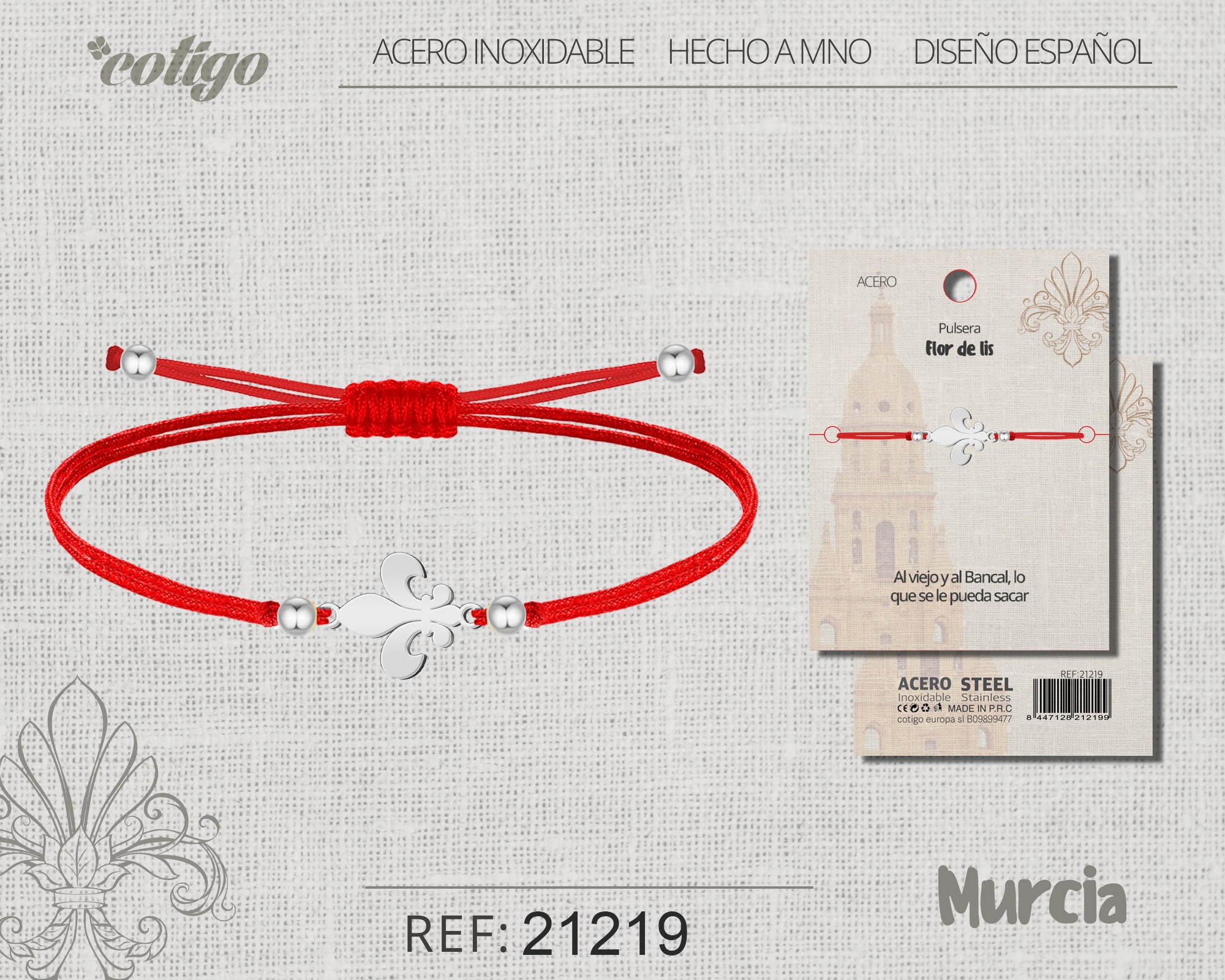 PULSERA HILO ENCERADO CON FLOR DE LIS ACERO PLATEADO