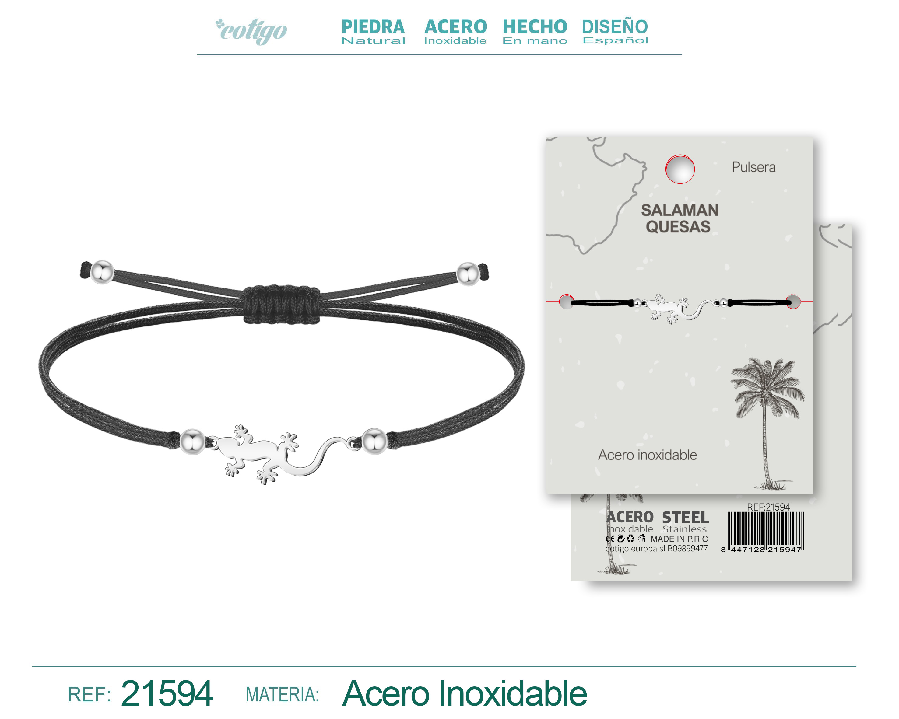 PULSERA HILO ENCERADO CON SALAMANQUESAS ACERO PLATEADO