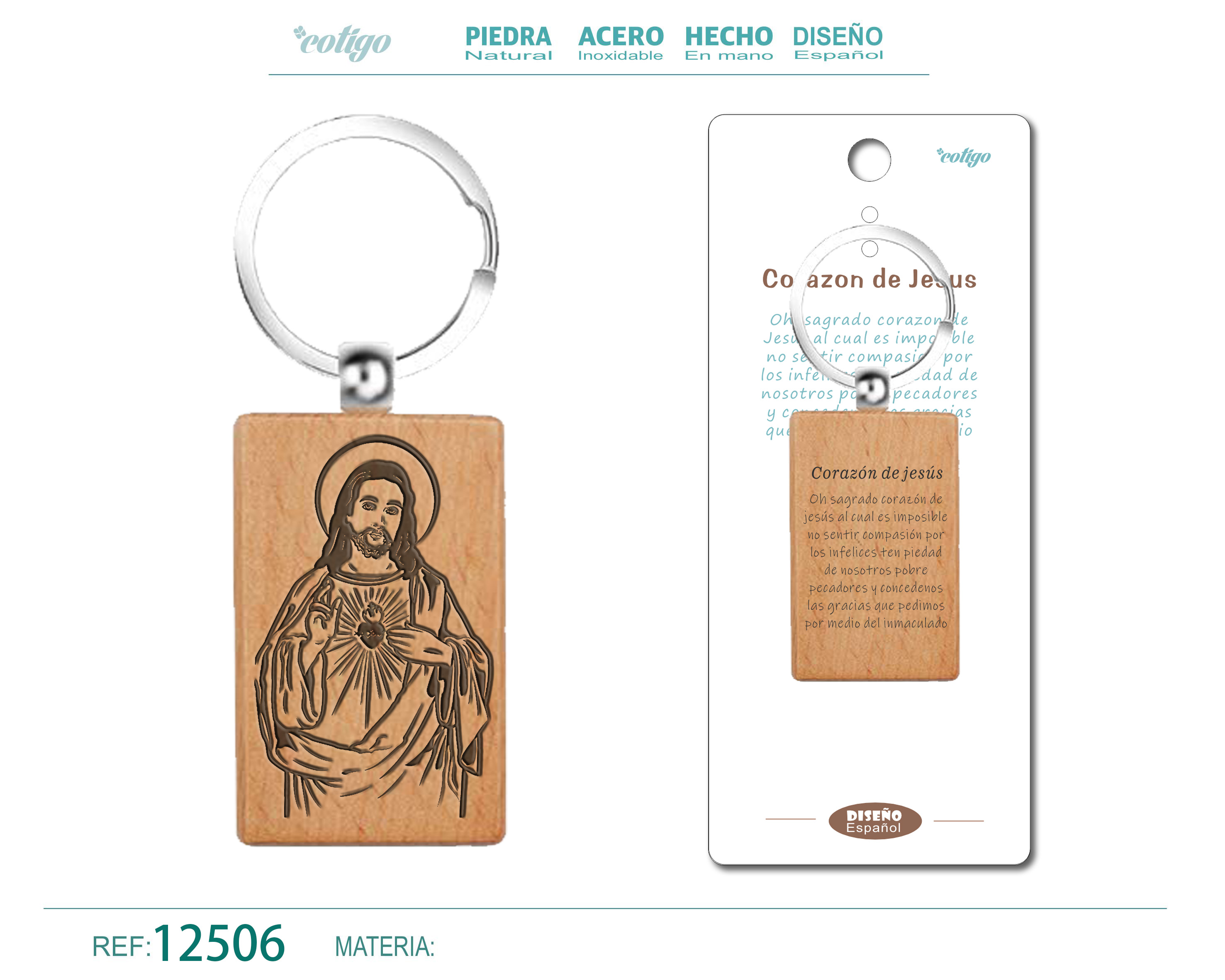 LLAVERO DE MADERA CON CORAZON DE JESUS