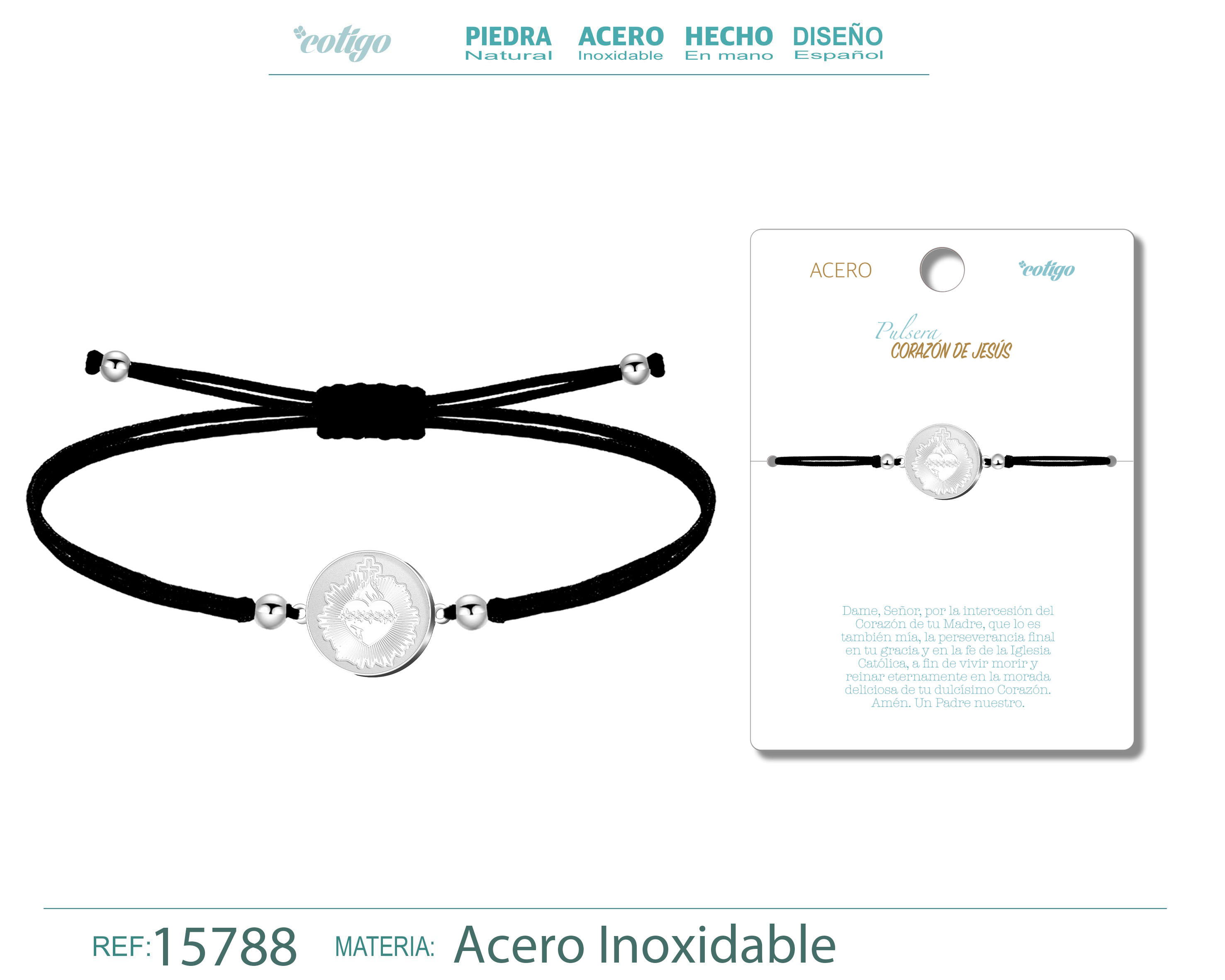 PULSERA HILO ENCERADO CON CORAZON DE JESUS COLOR PLATEADO