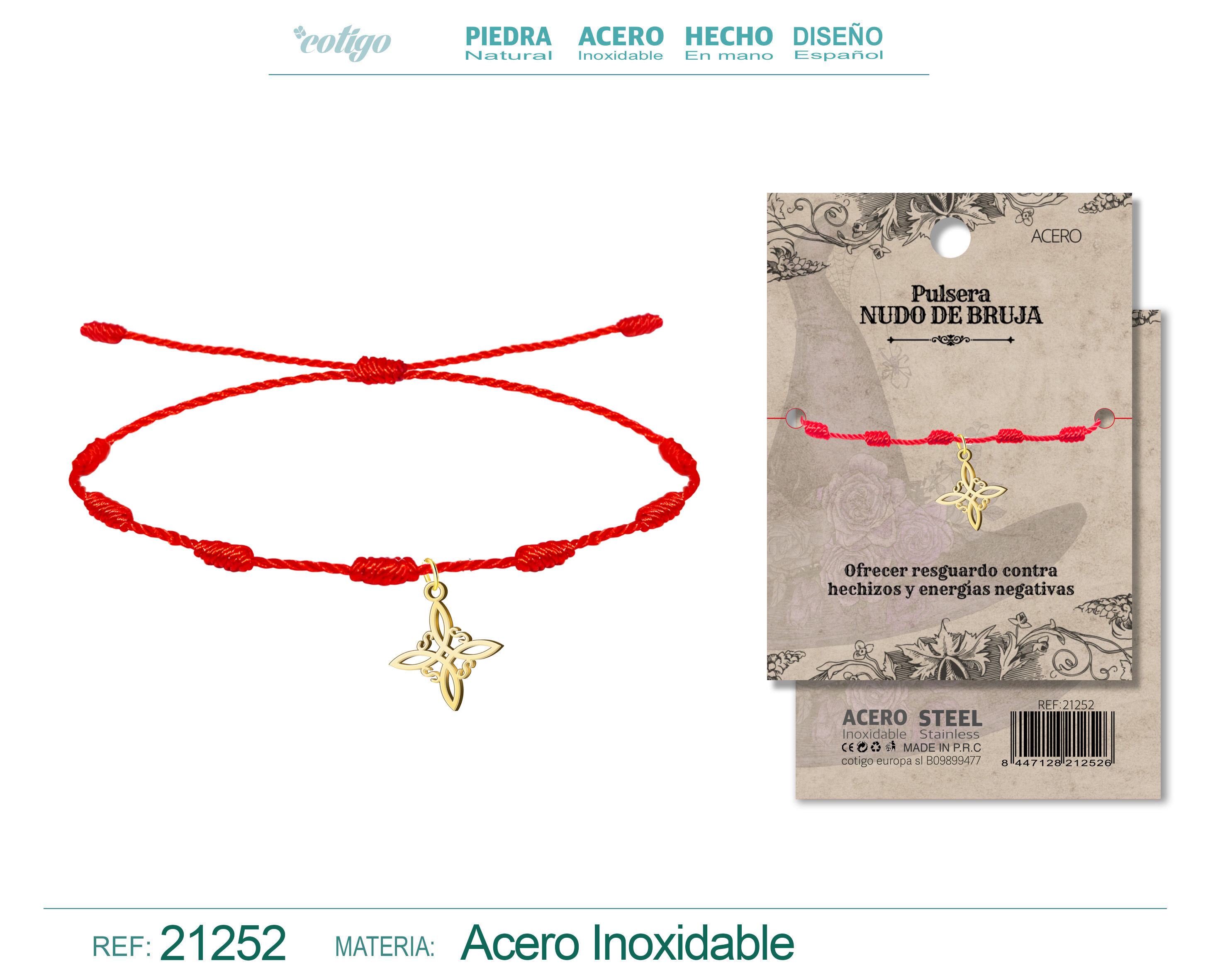 PULSERA 7 NUDOS CON NUDO DE BRUJA ACERO DORADO