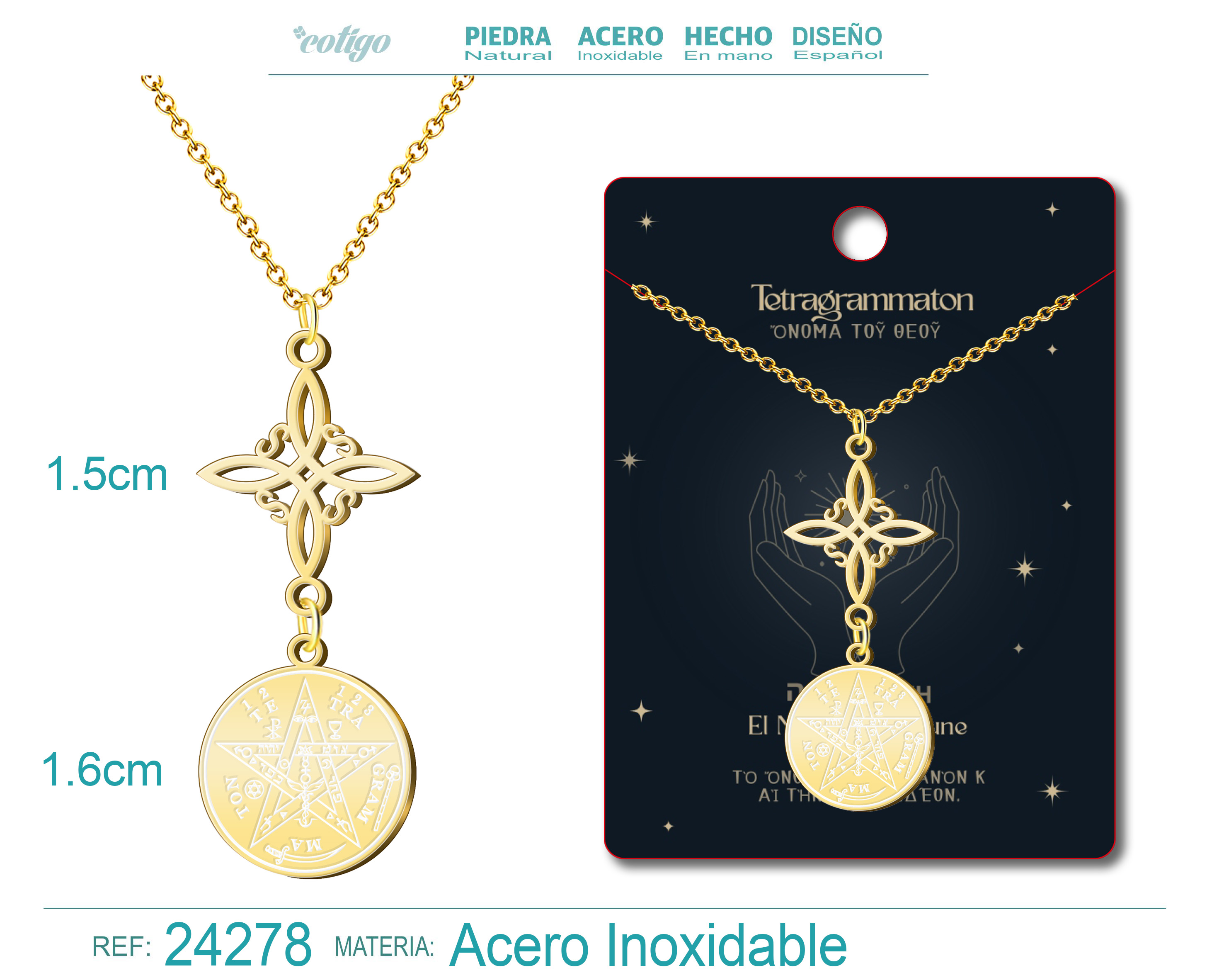 COLGANTE TETRAGRAMMATON CON NUDO DE BRUJA ACERO COLOR DORADO