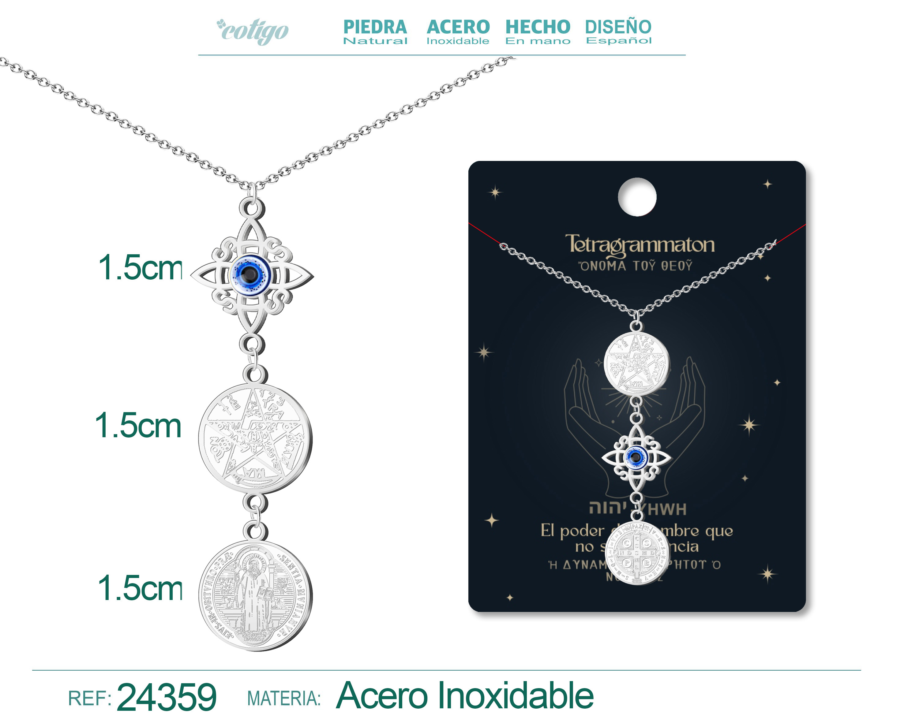 COLGANTE DE TETRAGRAMATON + NUDO DE BRUJA CON OJO TURCO + SAN BENITO ACERO PLATEADO