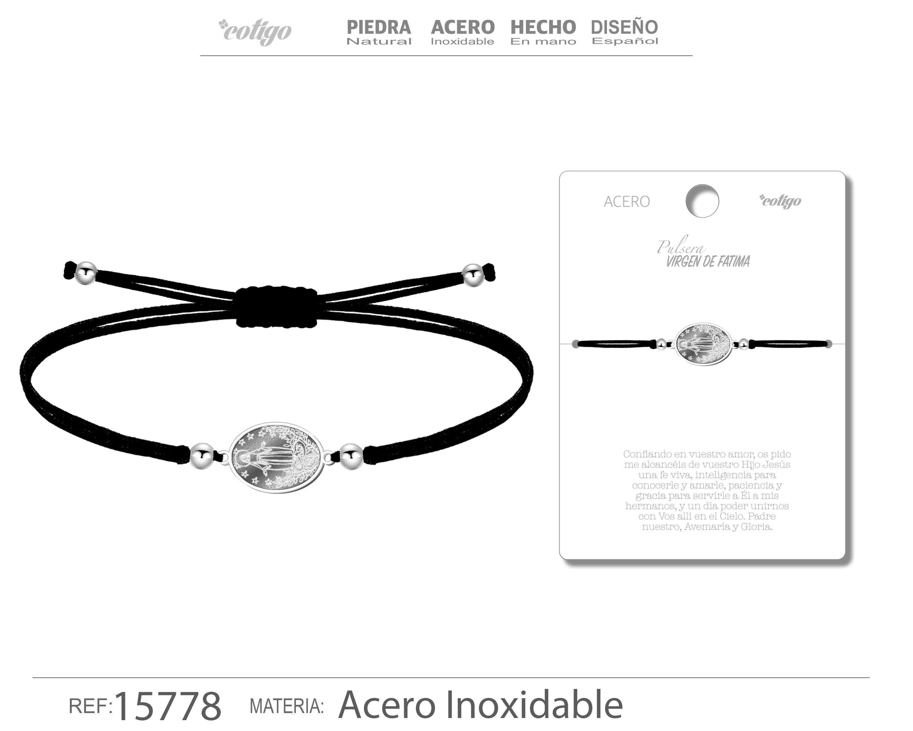 PULSERA HILO ENCERADO CON VIRGEN DE FATIMA COLOR PLATEADO