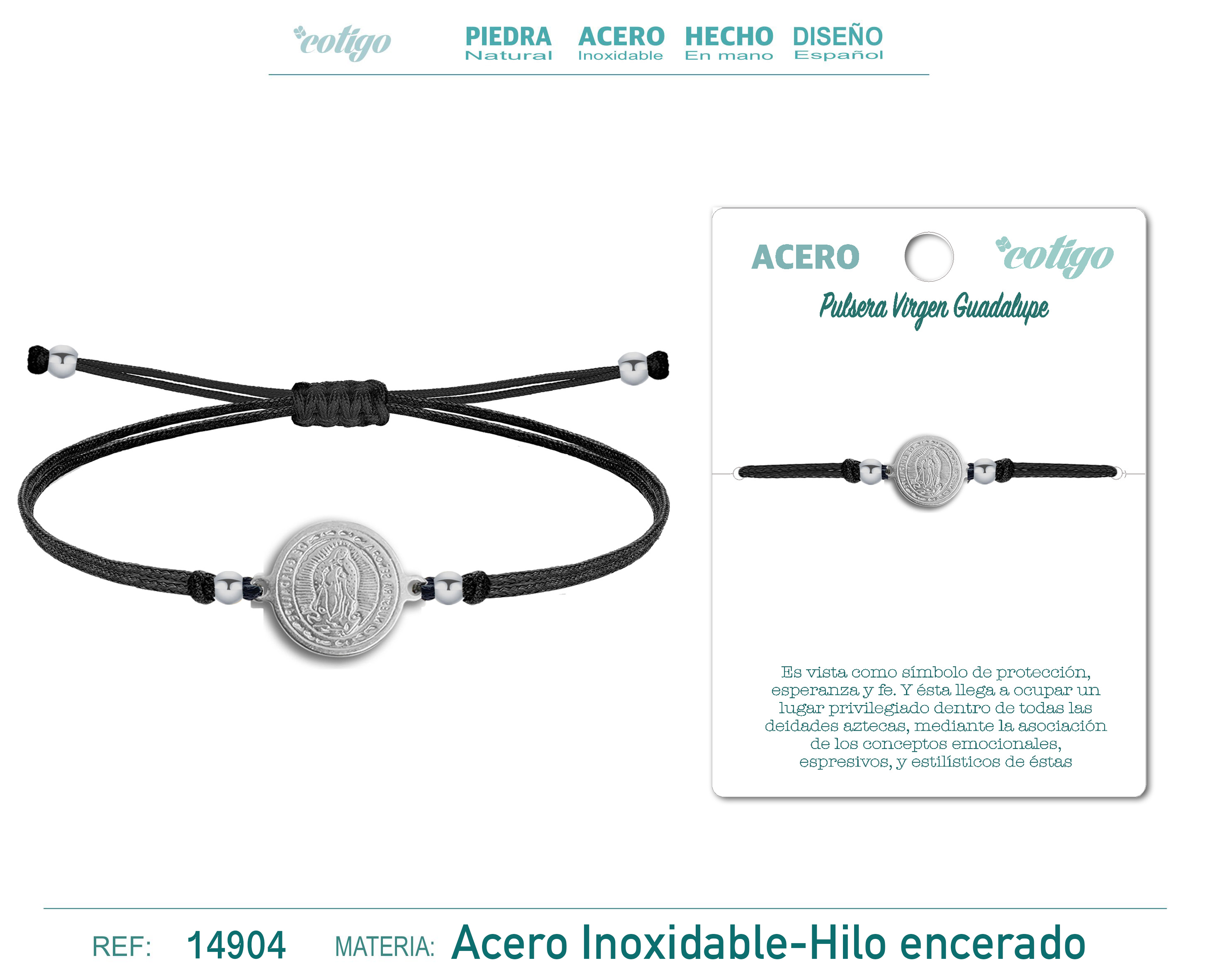 PULSERA HILO ENCERADO NEGRO-VIRGEN GUADALUPE PLATEADO