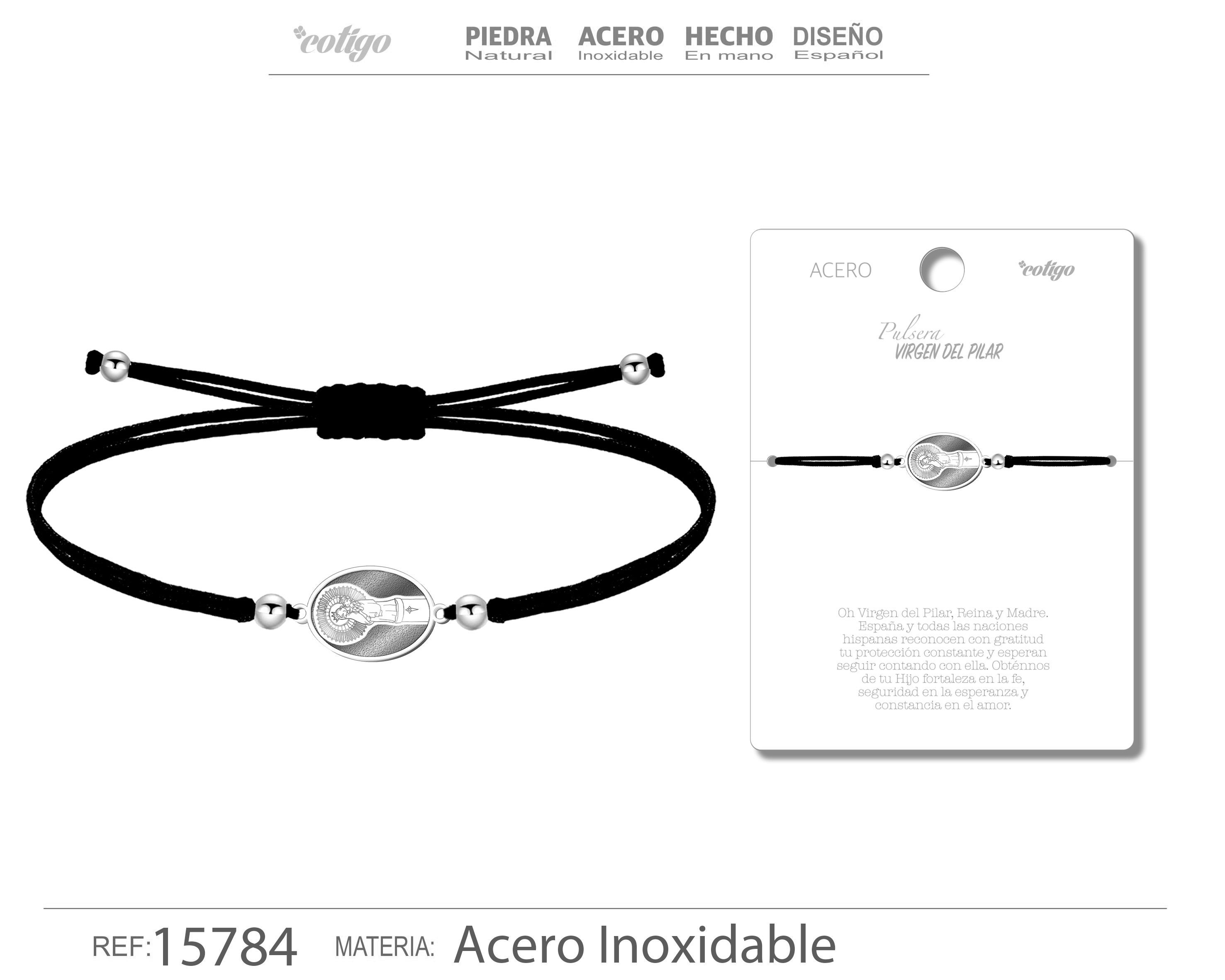 PULSERA HILO ENCERADO CON VIRGEN DEL PILAR COLOR PLATEADO