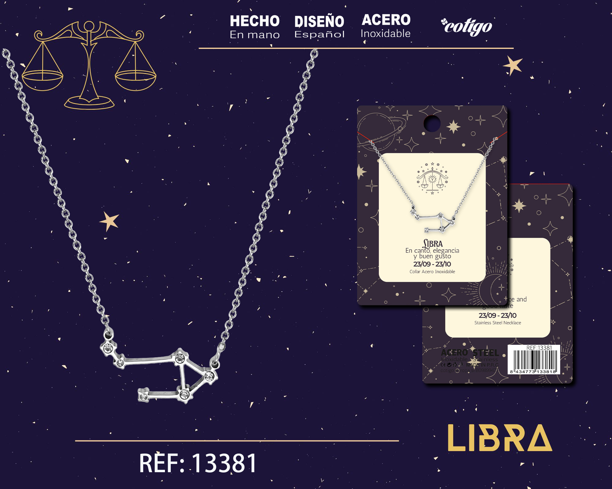 COLLAR MAPA ESTELAR DEL ZODIACO LIBRA PLATEADO CON STRAS
