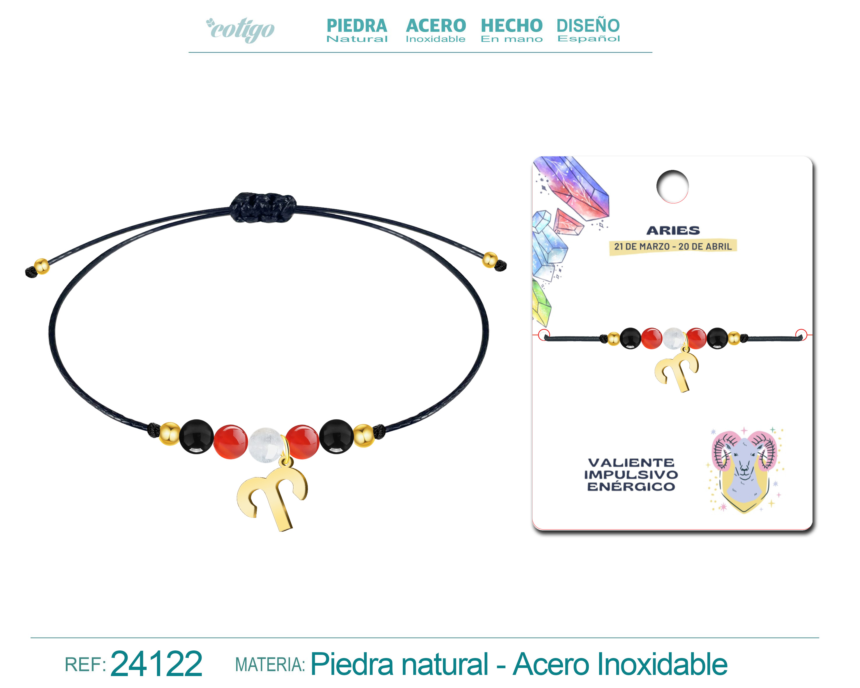 PULSERA PIEDRA NATURAL CON COLGANTE ARIES ACERO DORADO