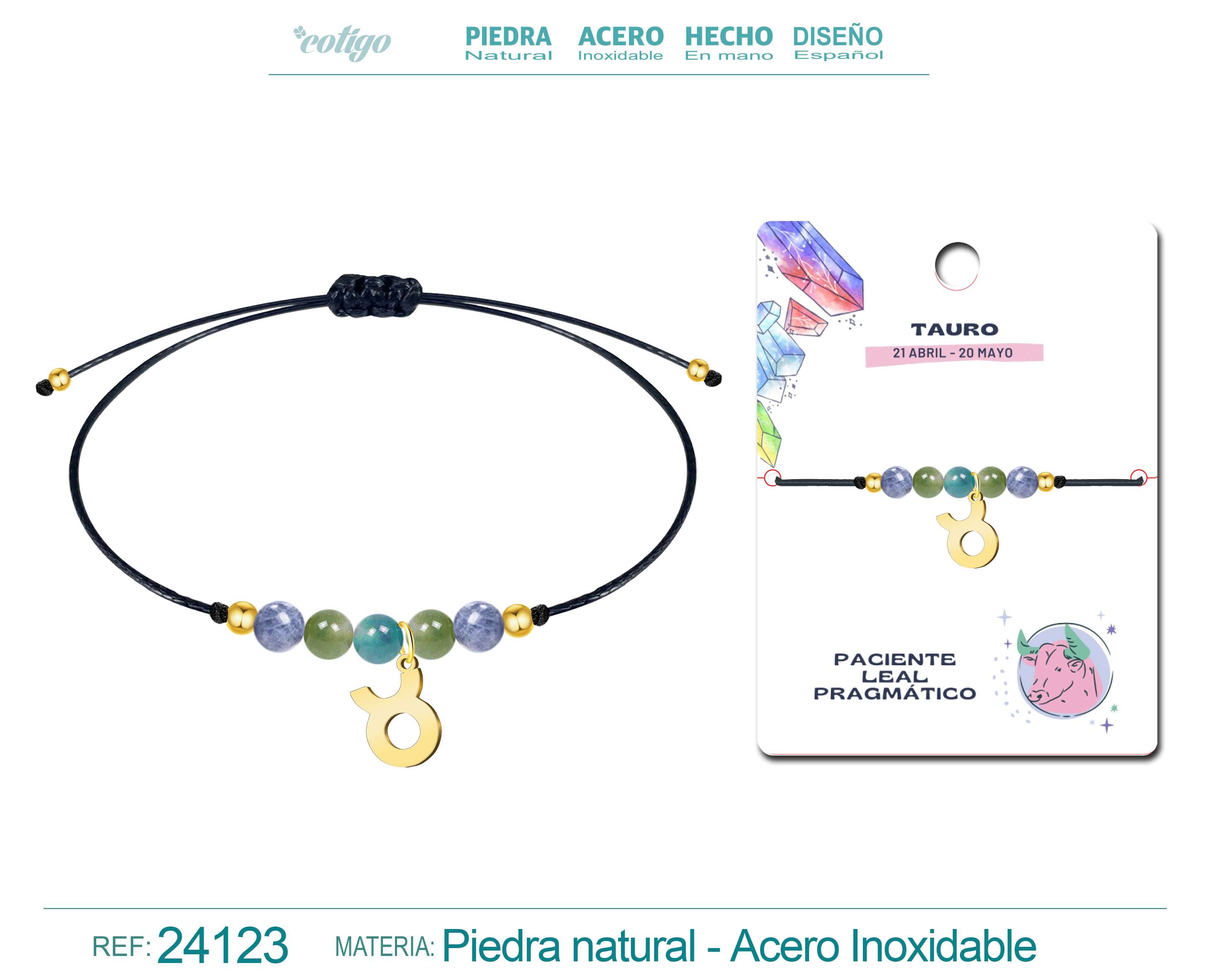 PULSERA PIEDRA NATURAL CON COLGANTE TAURO ACERO DORADO