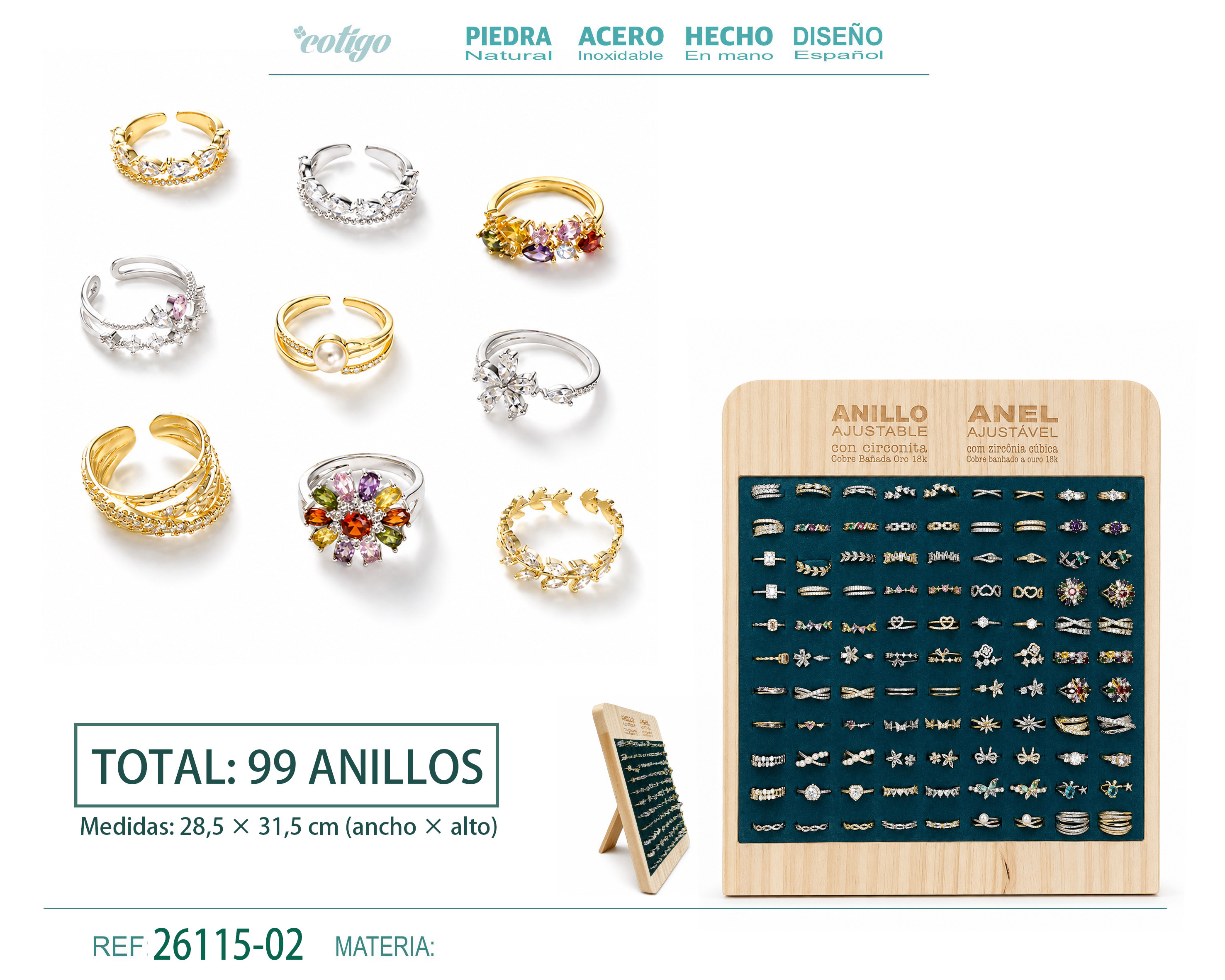 Bandeja de 99 Anillo con Circonita Ajustable