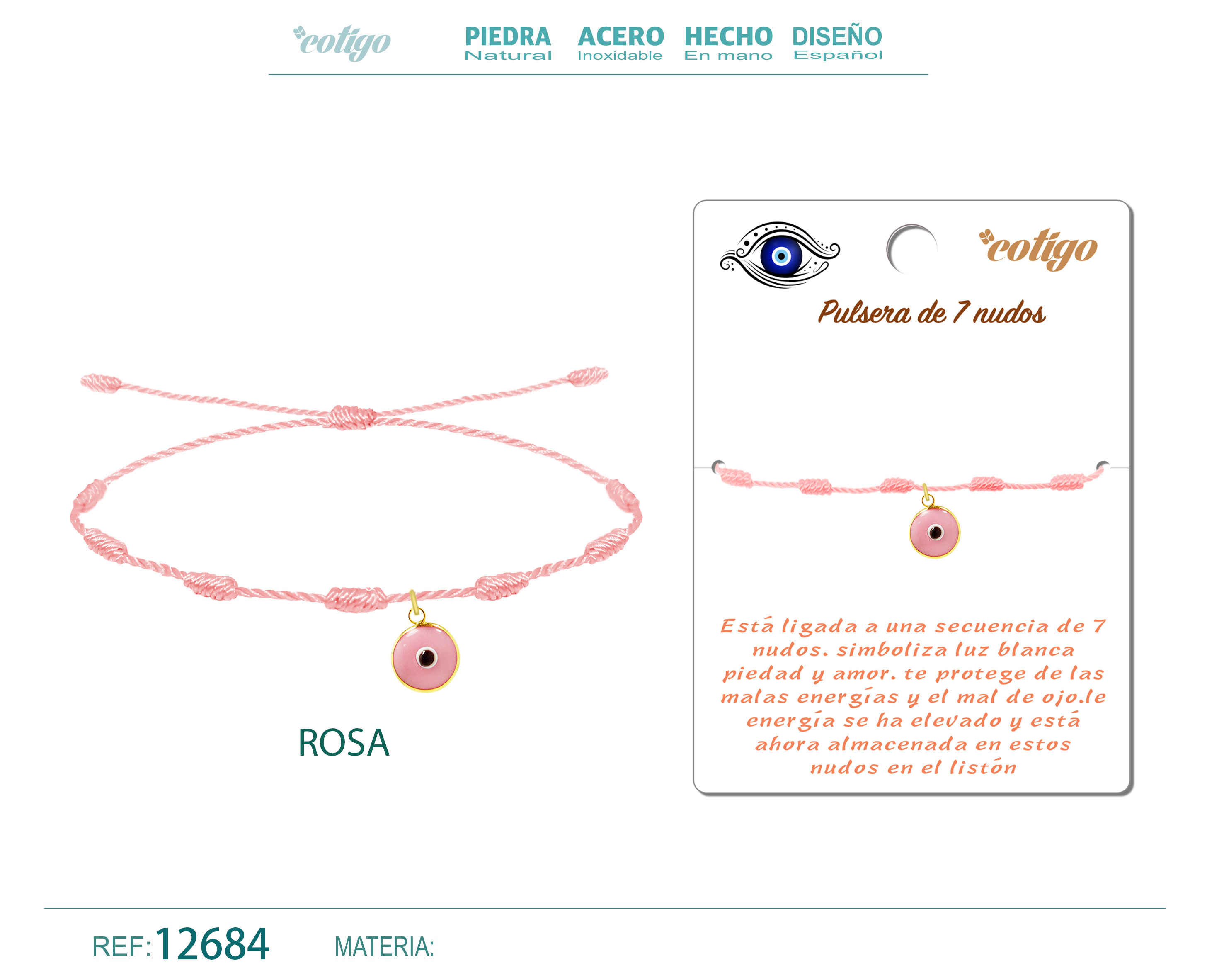 Pulsera 7 nudos Rosa con Colgante de ojo Turco