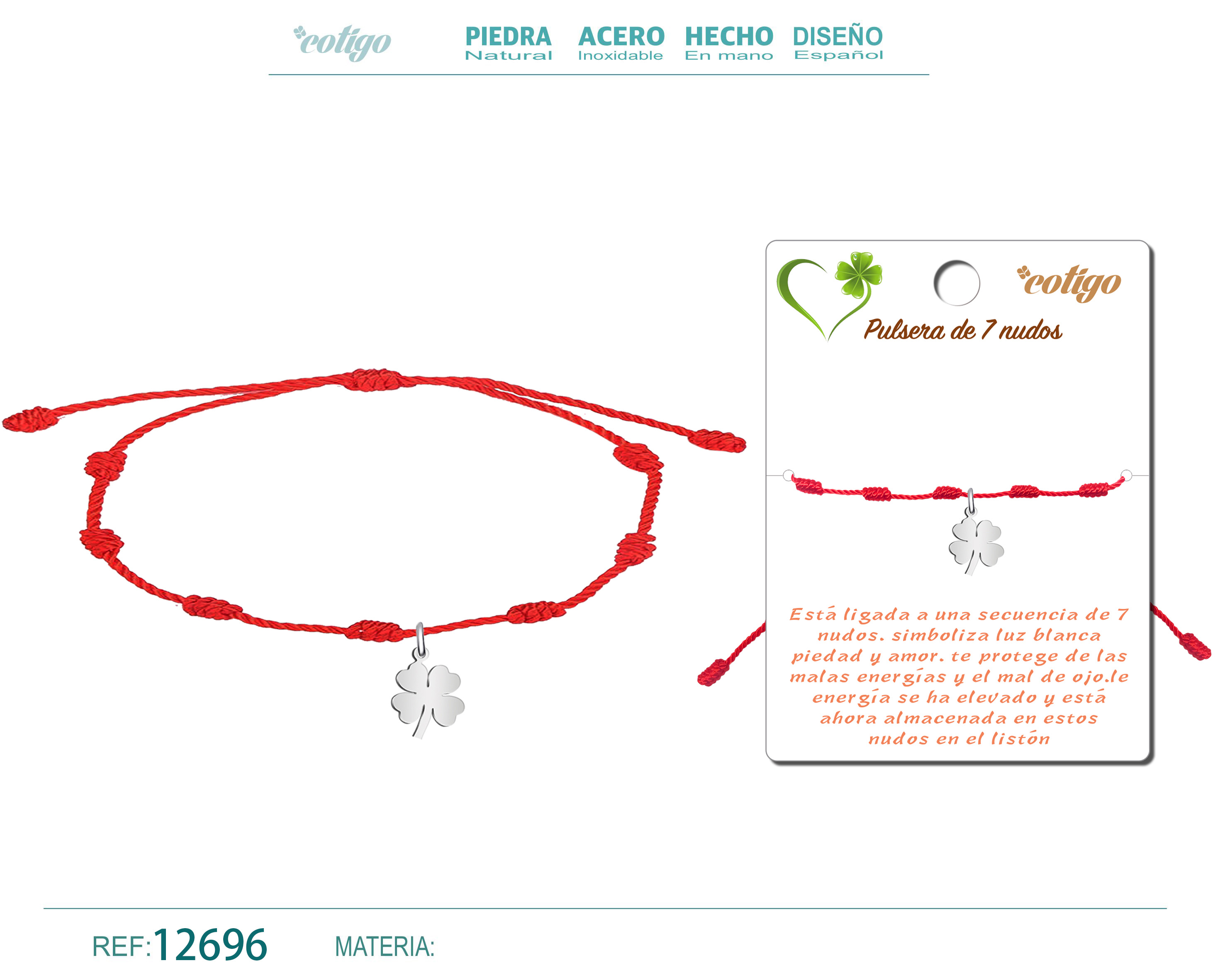 Pulsera 7 Nudos con Trebol de la Suerte Acero Plateado