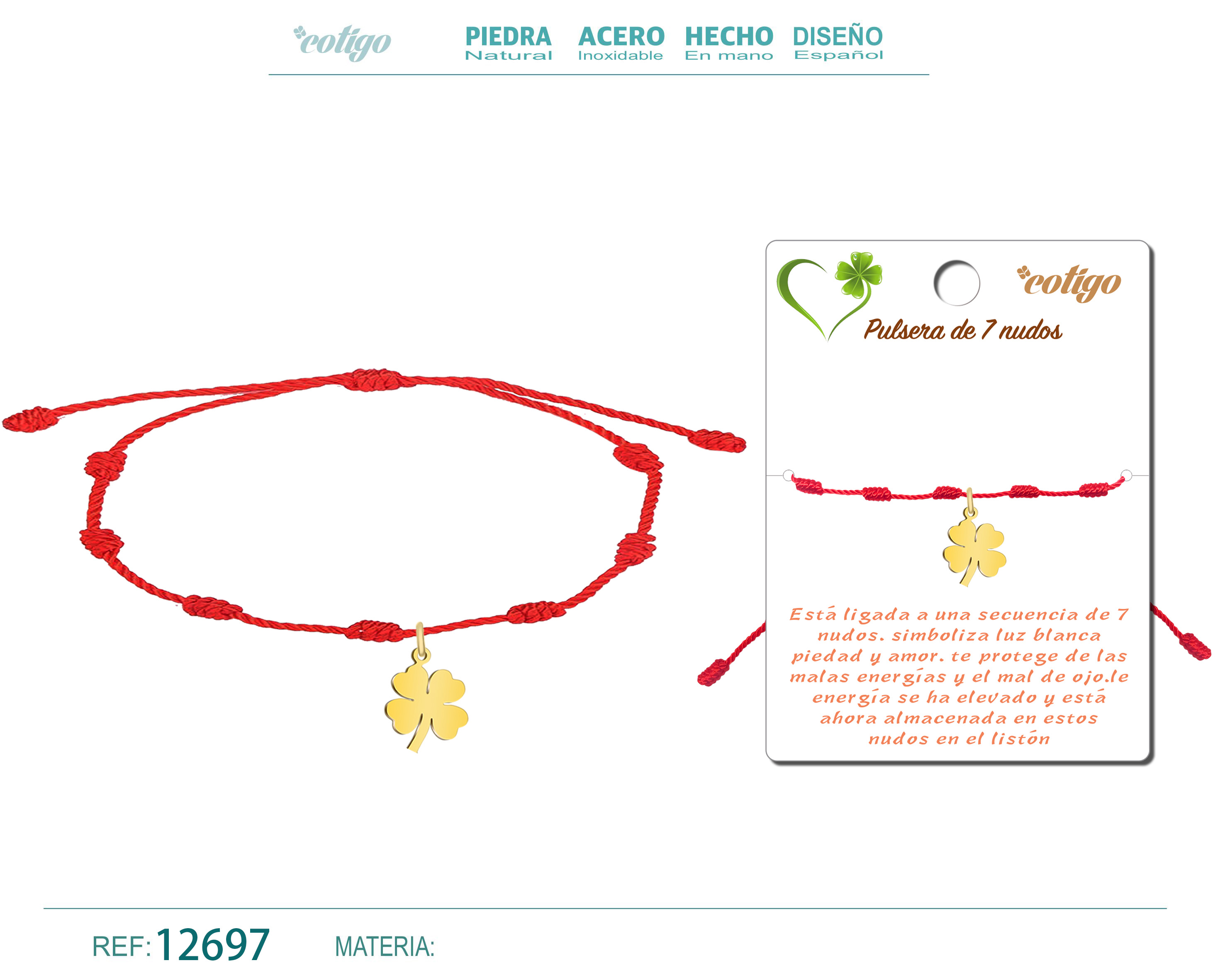 Pulsera 7 Nudos con Trebol de la Suerte Acero Dorado