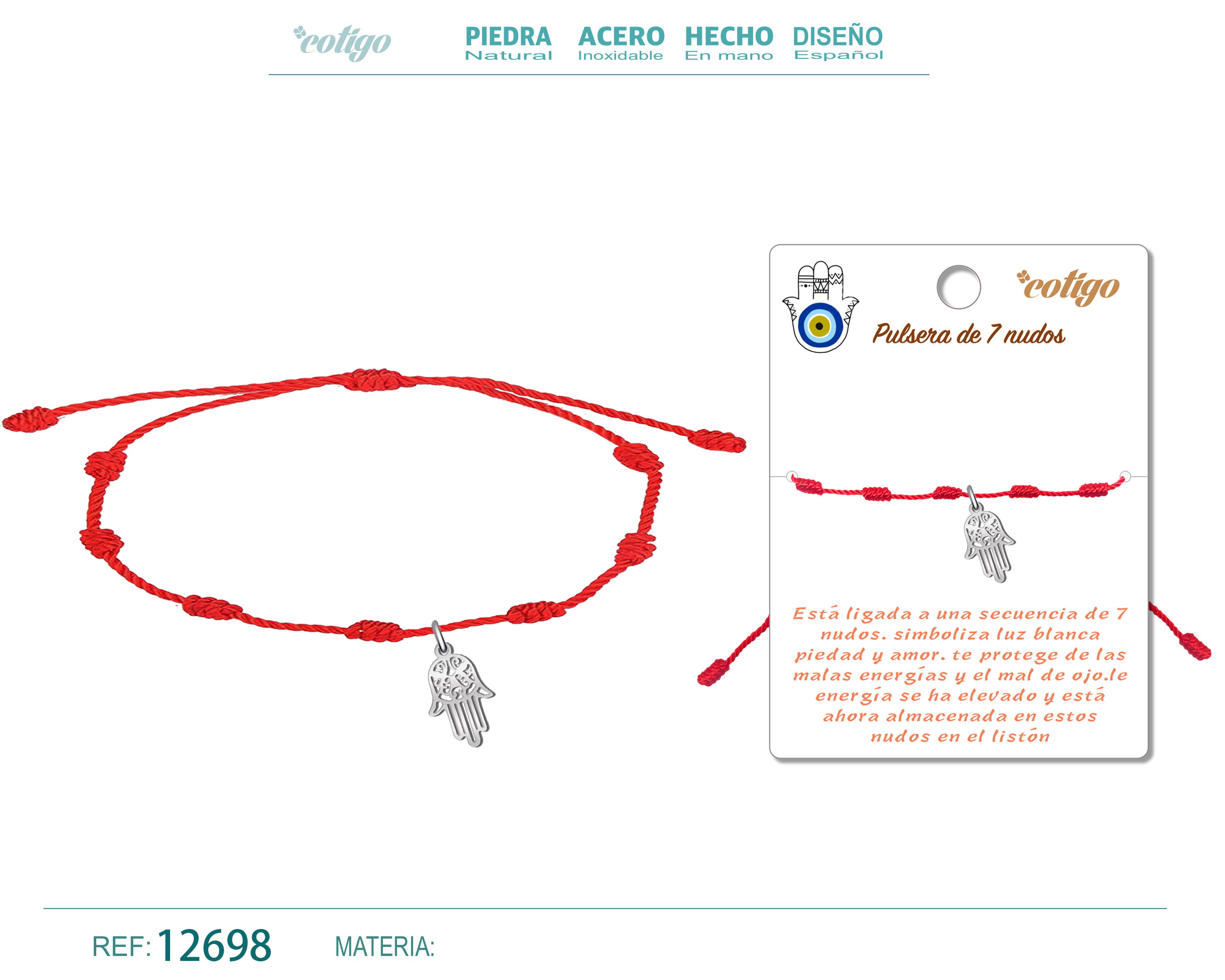 Pulsera 7 Nudos con Mano de Fatima Acero Plateado