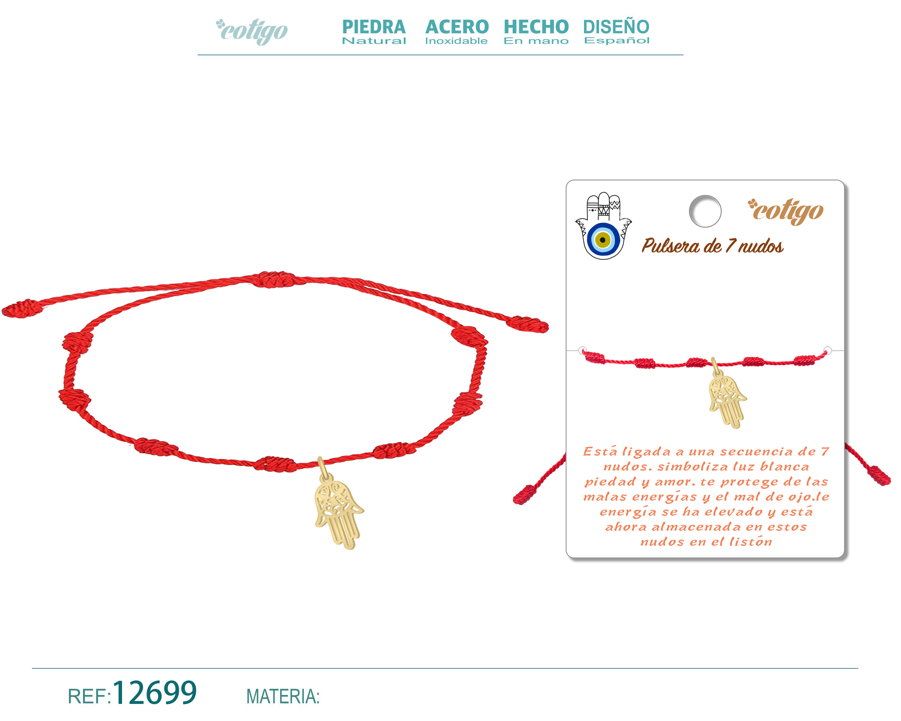 Pulsera 7 Nudos con Mano de Fatima Acero Dorado