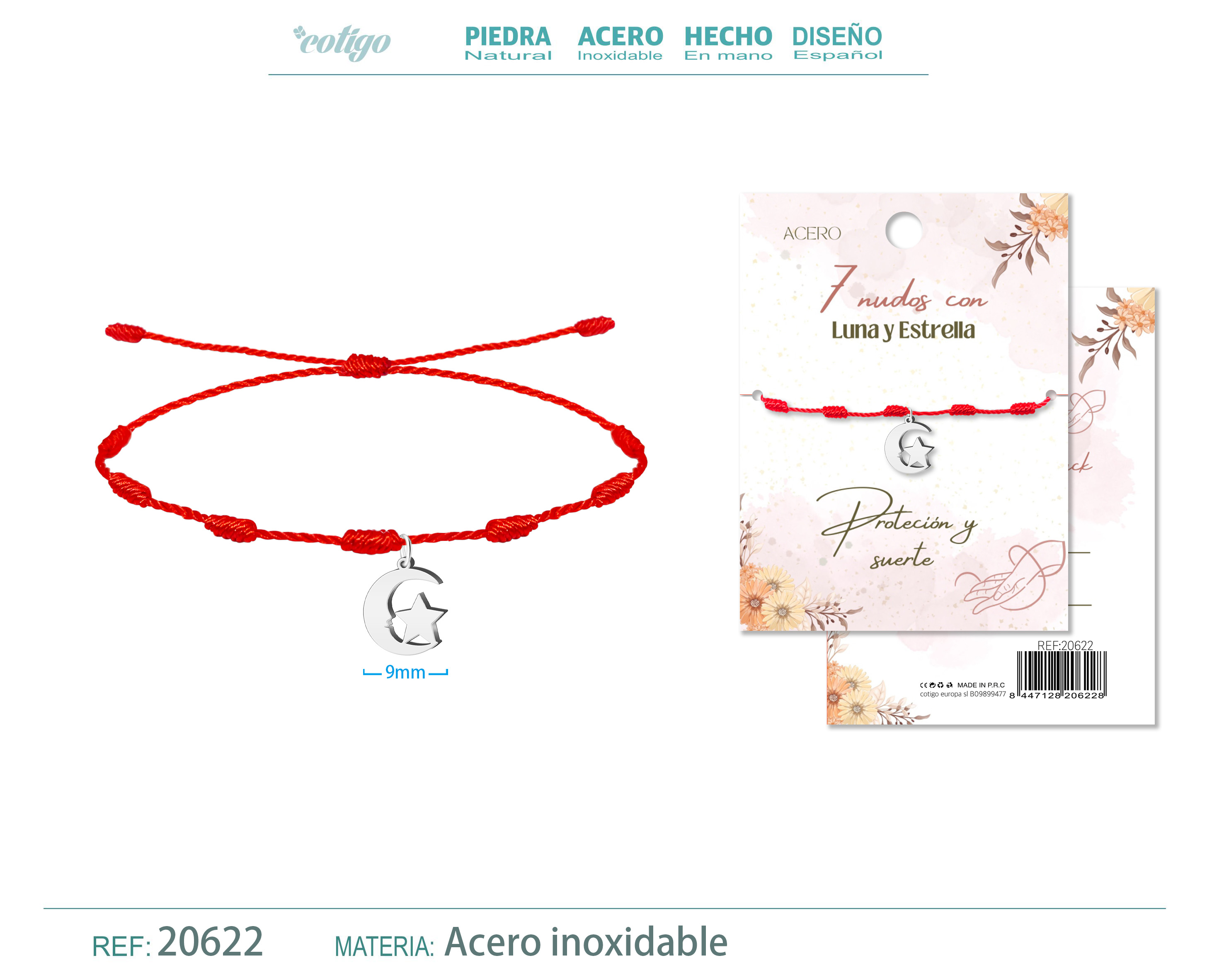 Pulsera 7 nudos con Luna y Estrella color Plateado