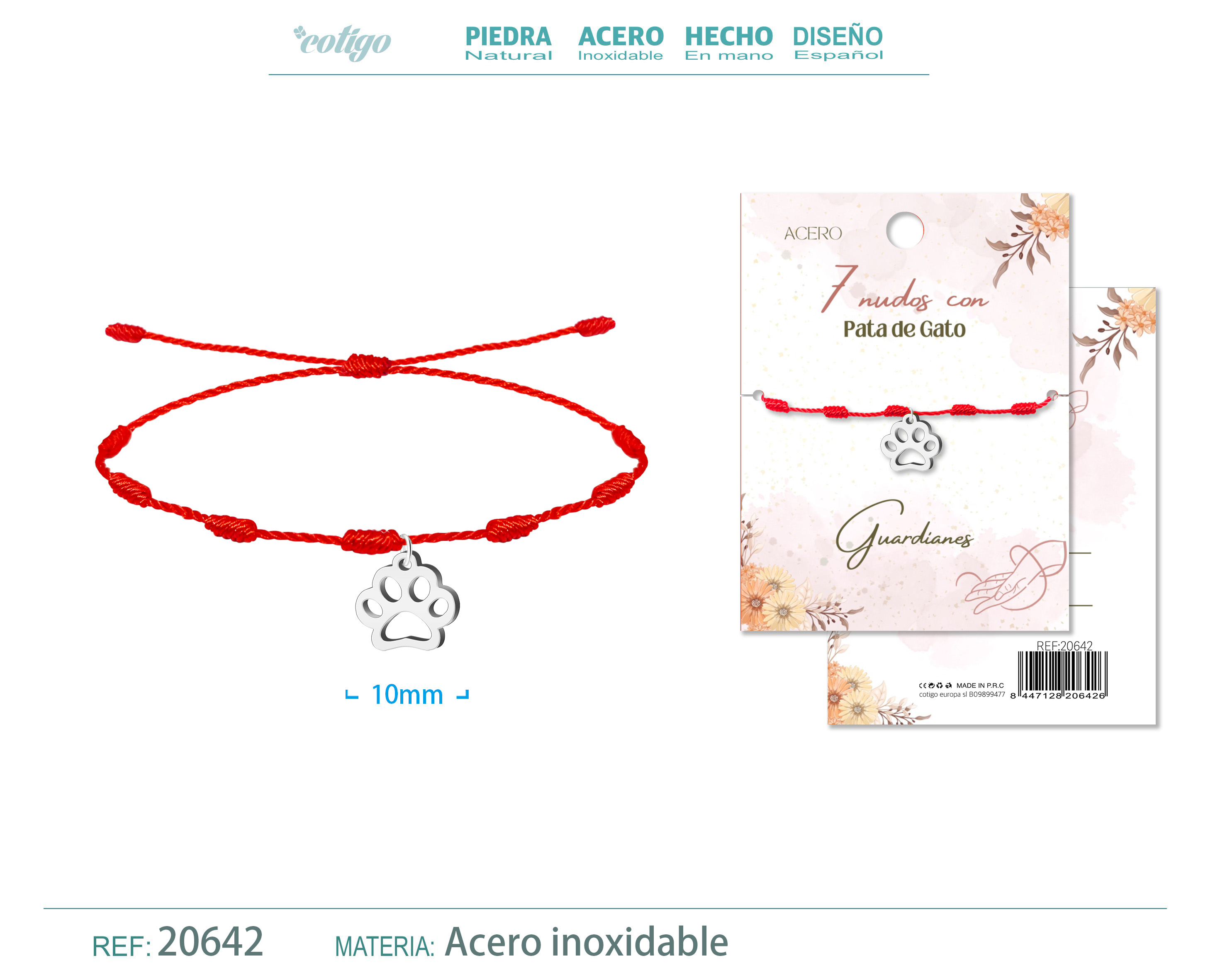 Pulsera 7 nudos con Pata de Gato color Plateado