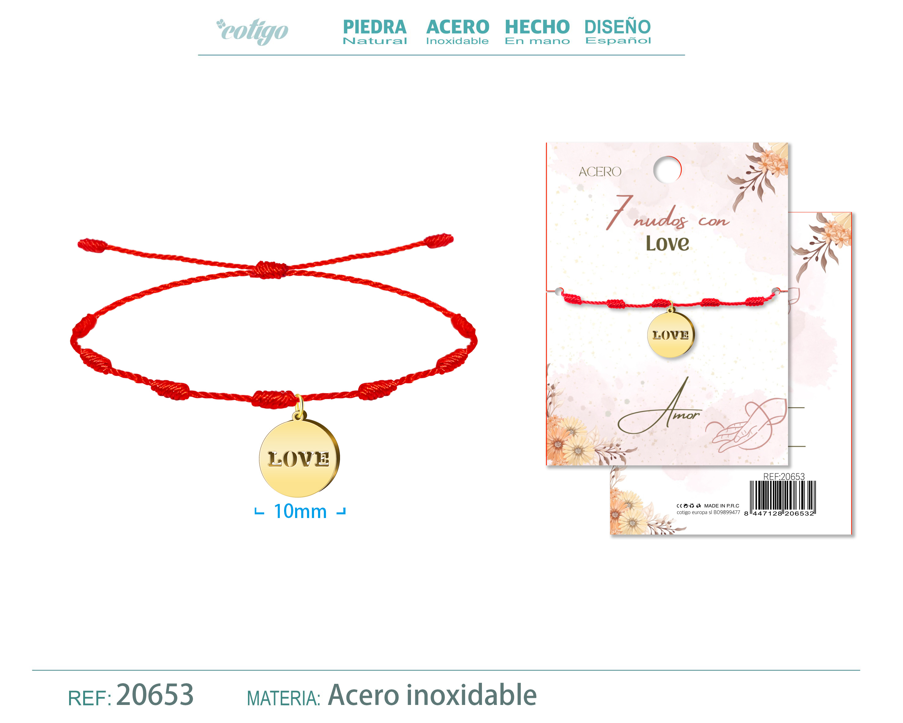 Pulsera 7 nudos con Love color Dorado