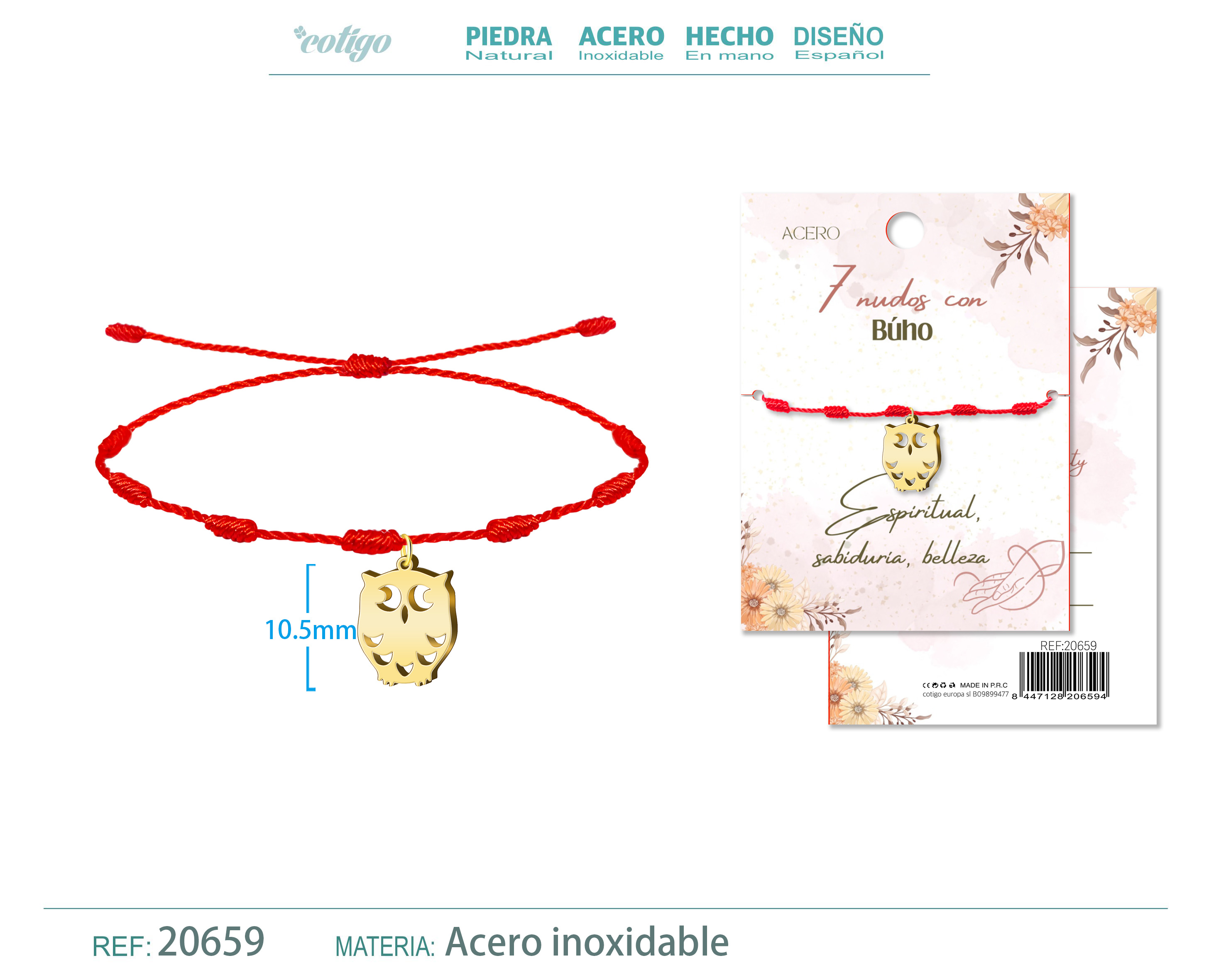 Pulsera 7 nudos con Buho color Dorado