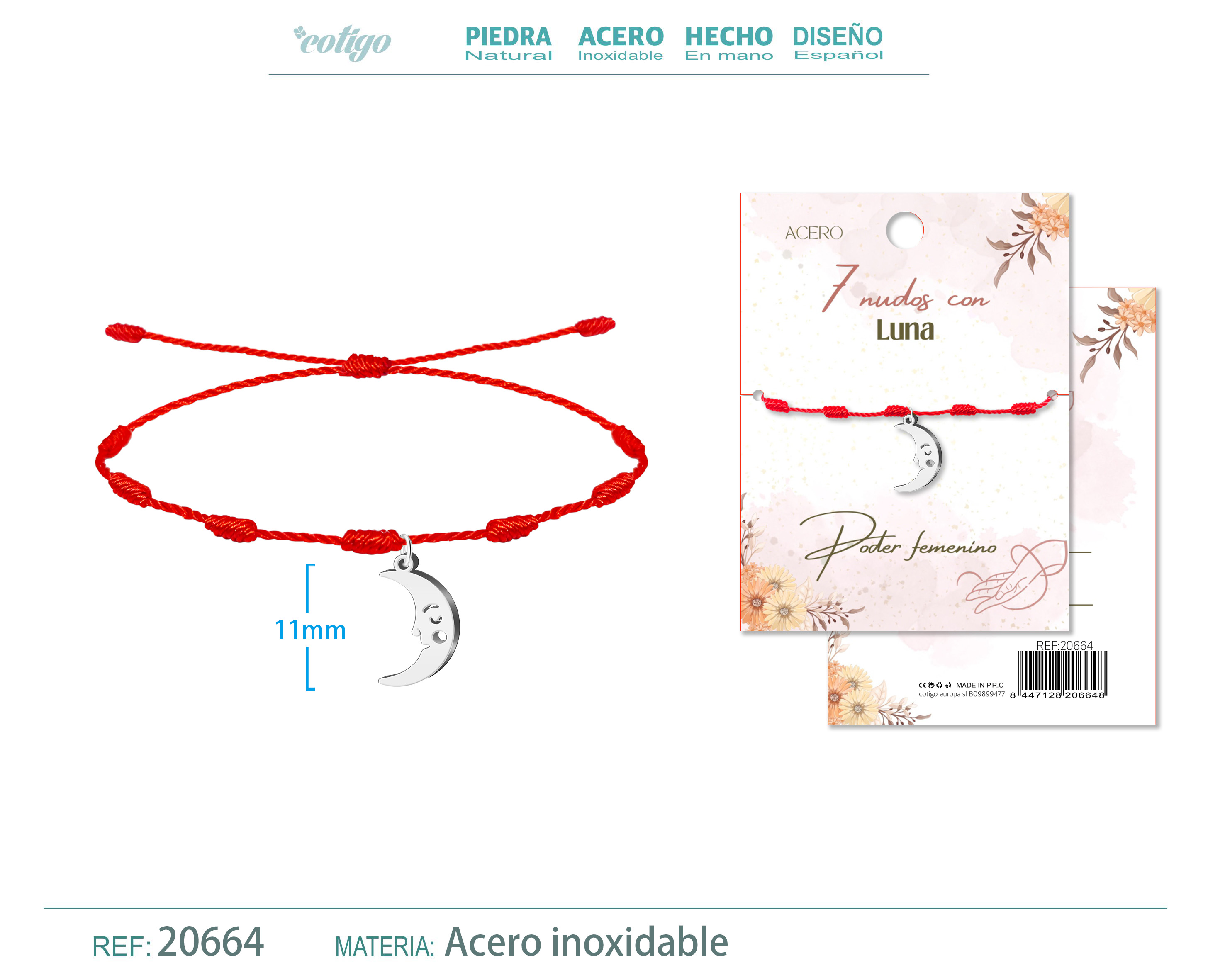 Pulsera 7 nudos con Luna color Plateado