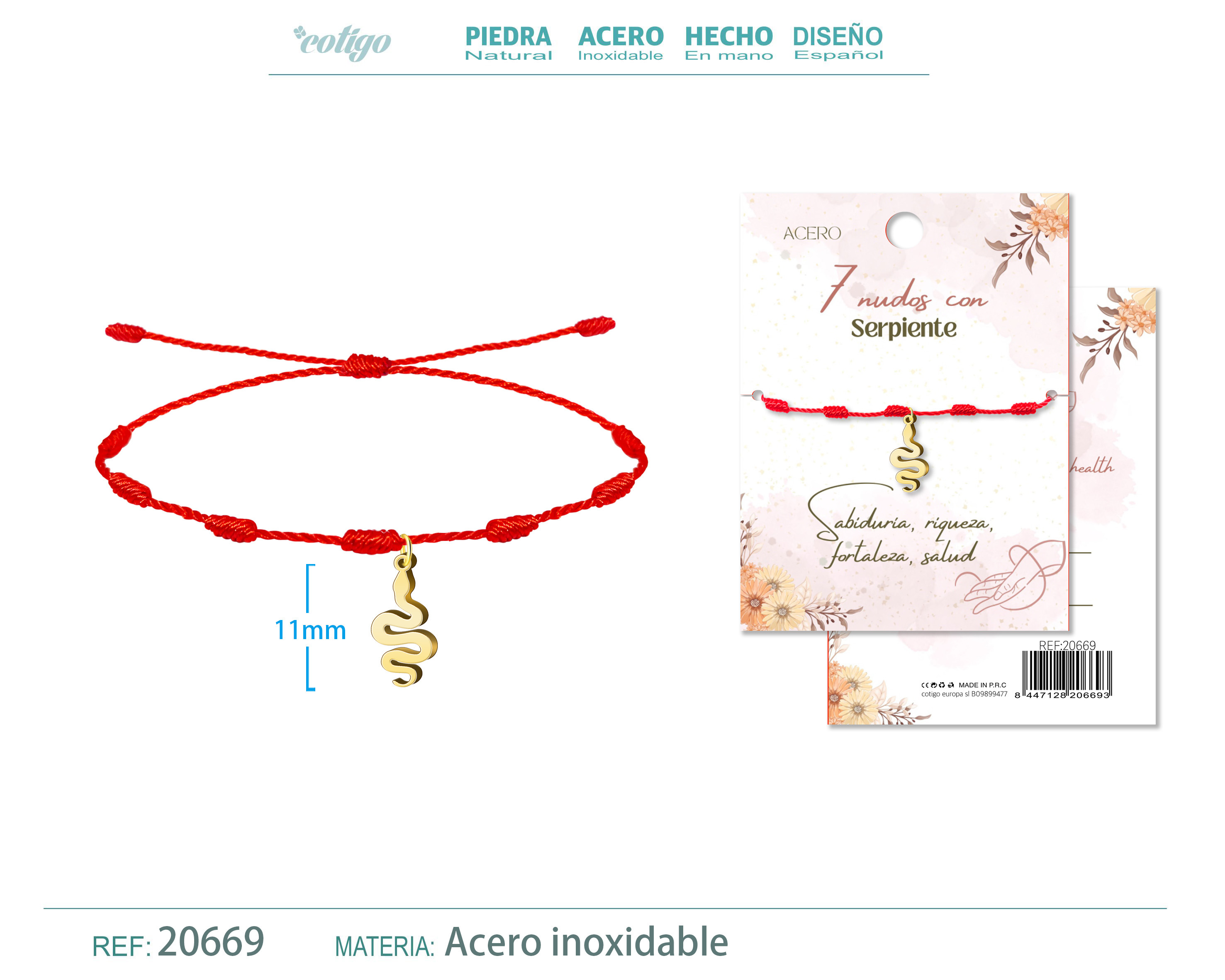 Pulsera 7 nudos con Serpiente color Dorado
