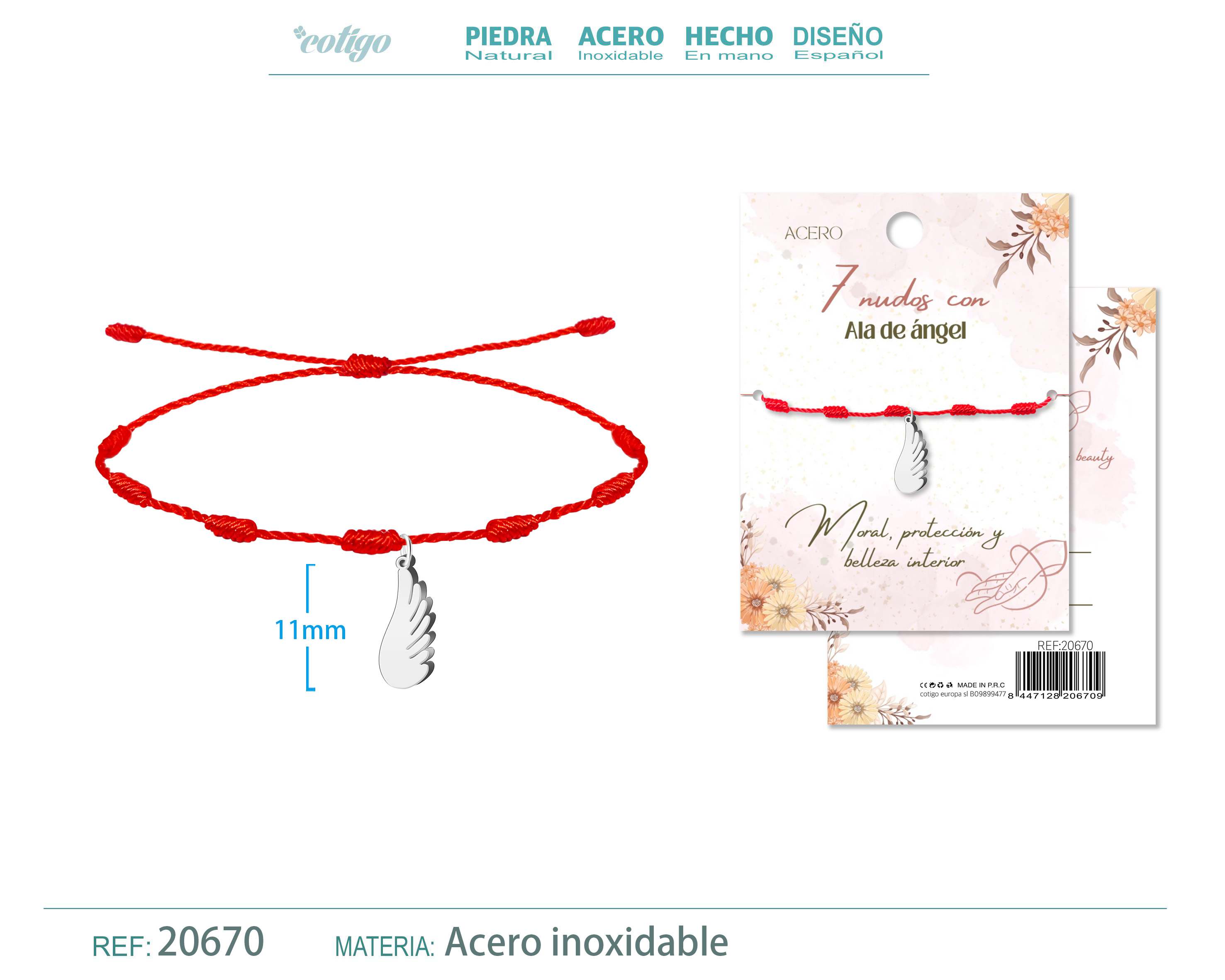 Pulsera 7 nudos con Ala de angel color Plateado