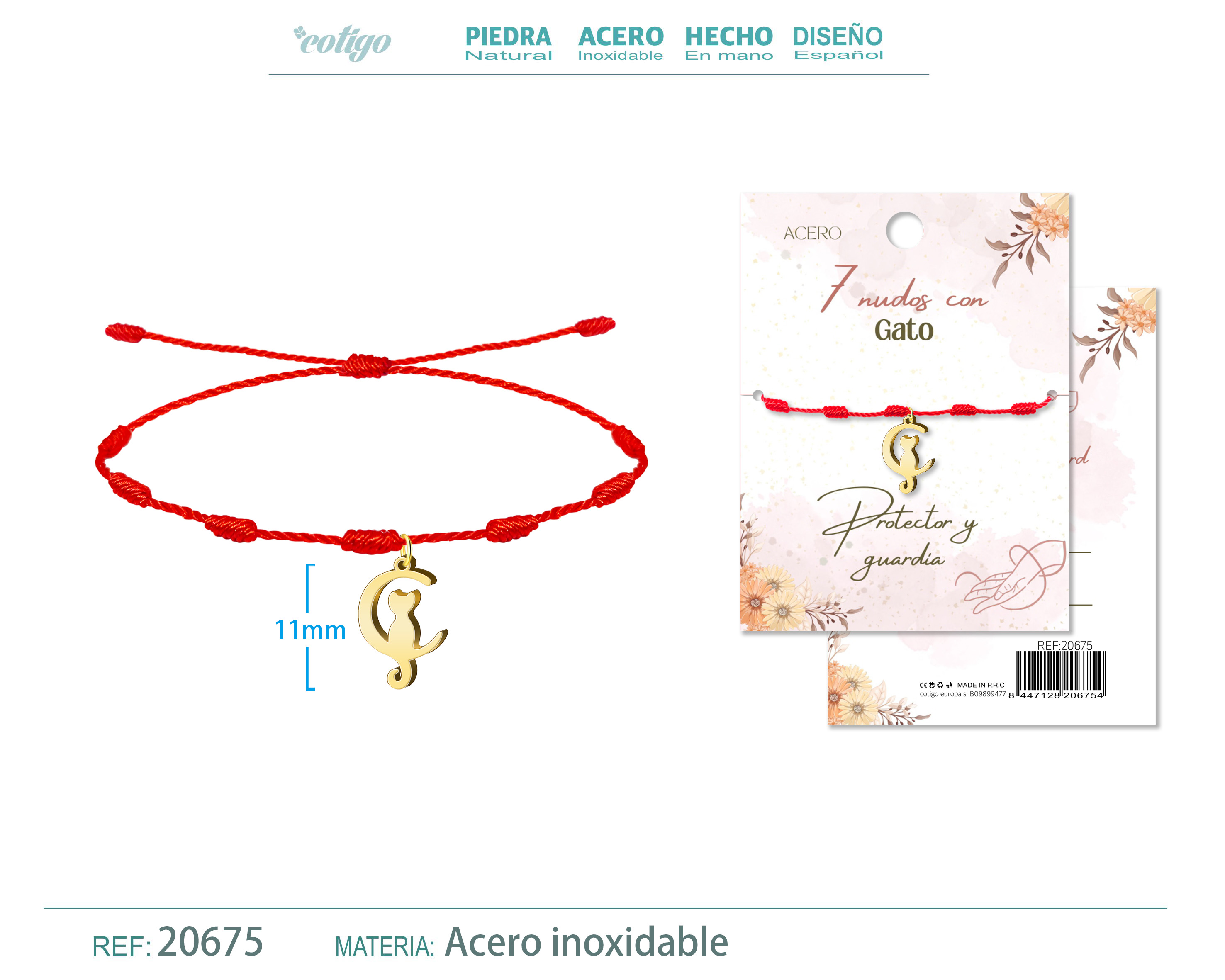 Pulsera 7 nudos con Gato color Dorado